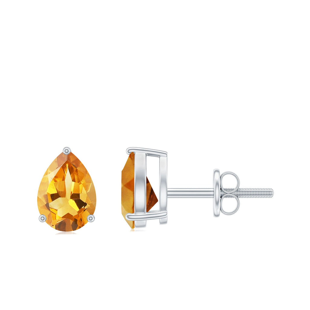 Pear Shape Citrine Earrings – November Birthstone Studs | 3 Prong Setting, Screw Back Closure