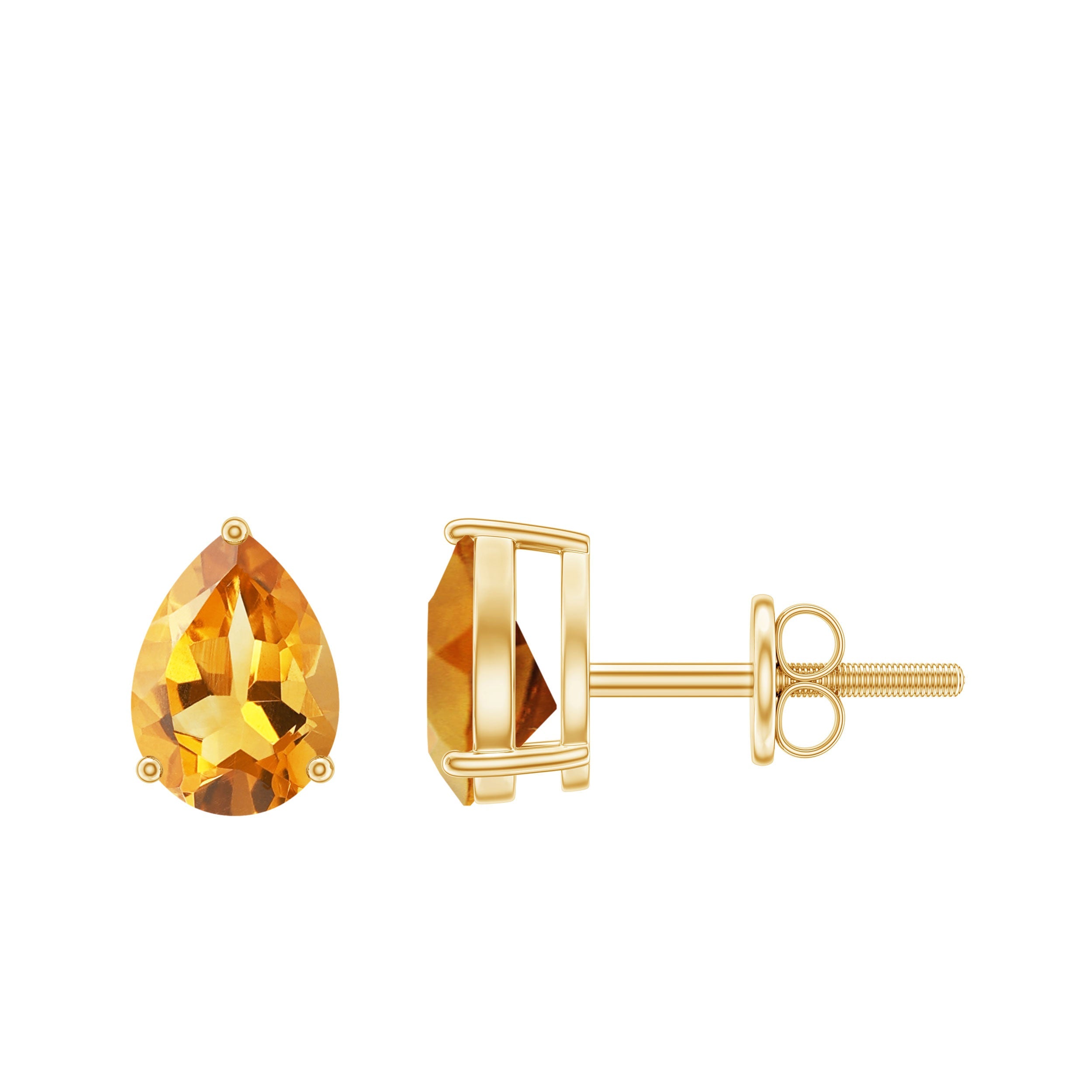 Pear Shape Citrine Earrings – November Birthstone Studs | 3 Prong Setting, Screw Back Closure