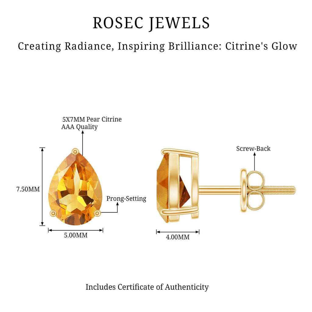 Pear Shape Citrine Earrings – November Birthstone Studs | 3 Prong Setting, Screw Back Closure