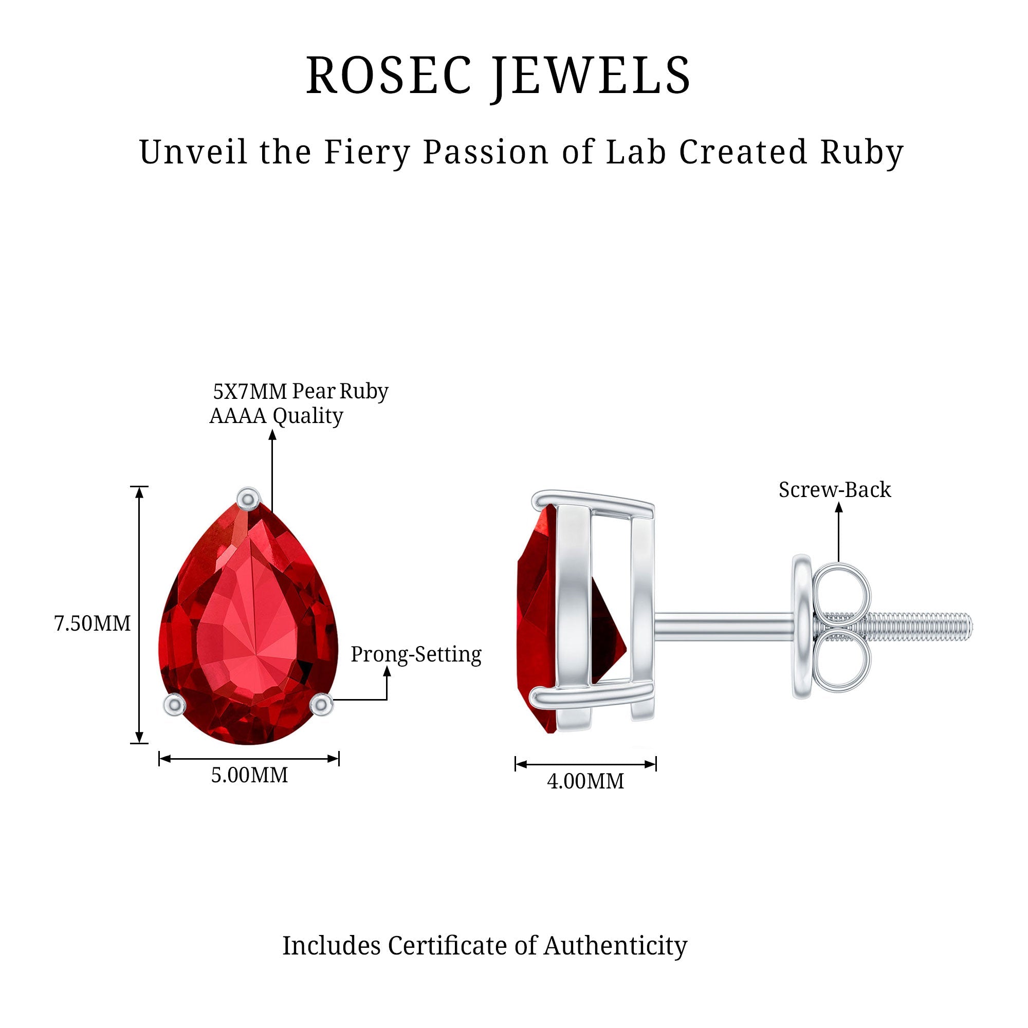 Solitaire 1.5 Carat Pear Shaped Lab Created Ruby Stud Earrings