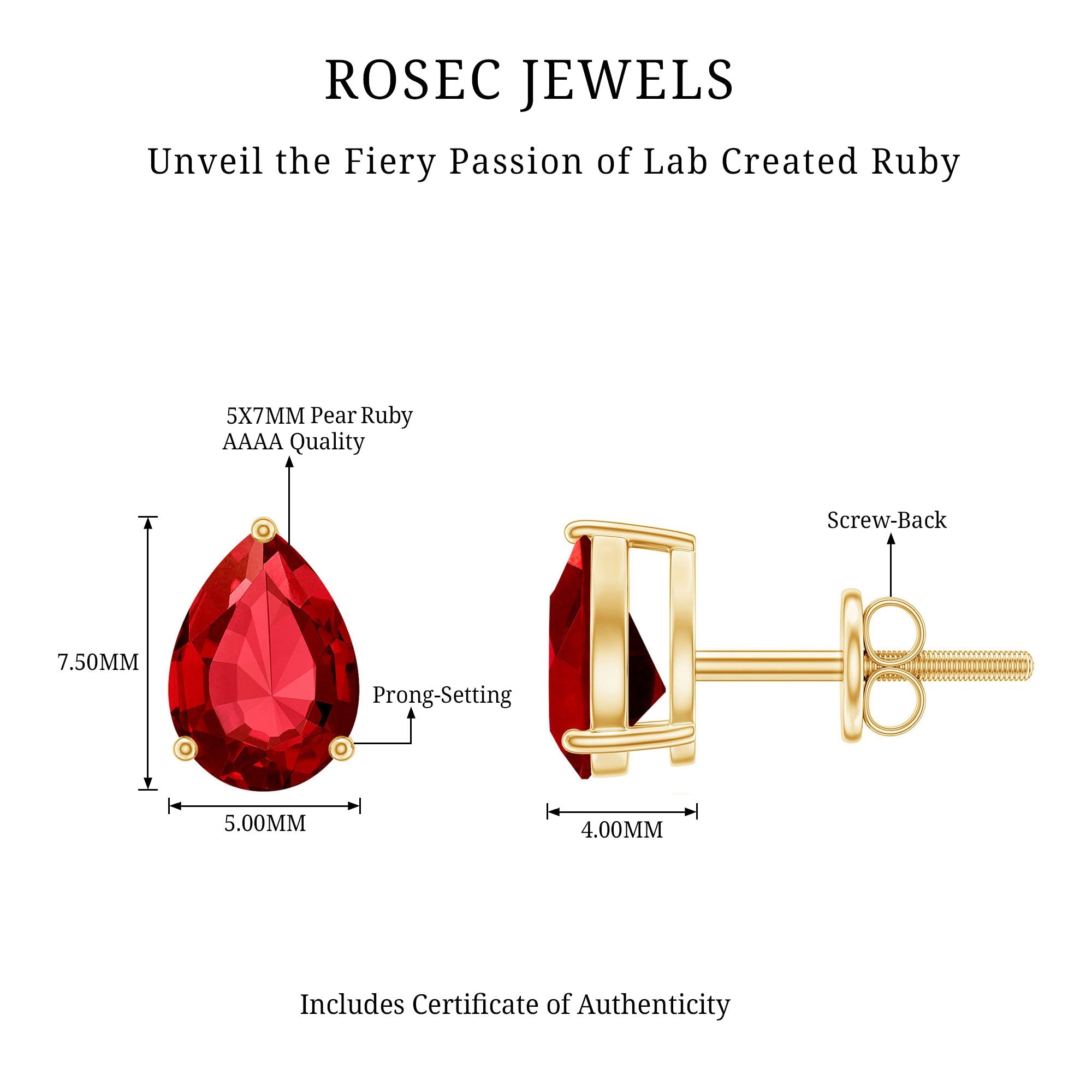 Solitaire 1.5 Carat Pear Shaped Lab Created Ruby Stud Earrings