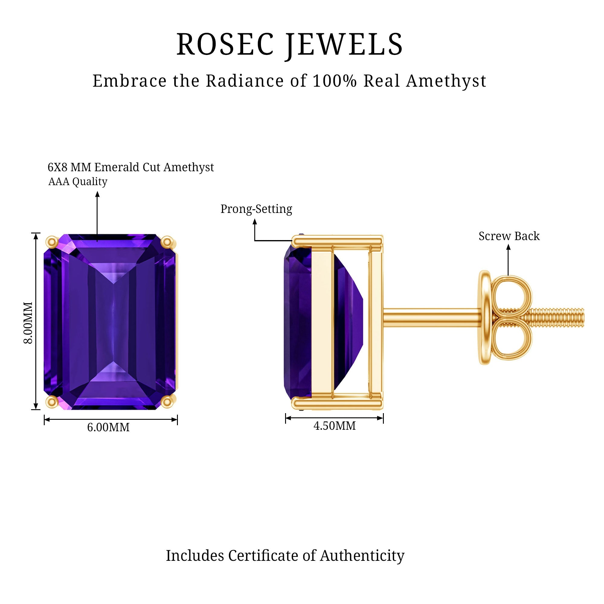 2.8 Carat Emerald Cut Amethyst Solitaire Stud Earrings