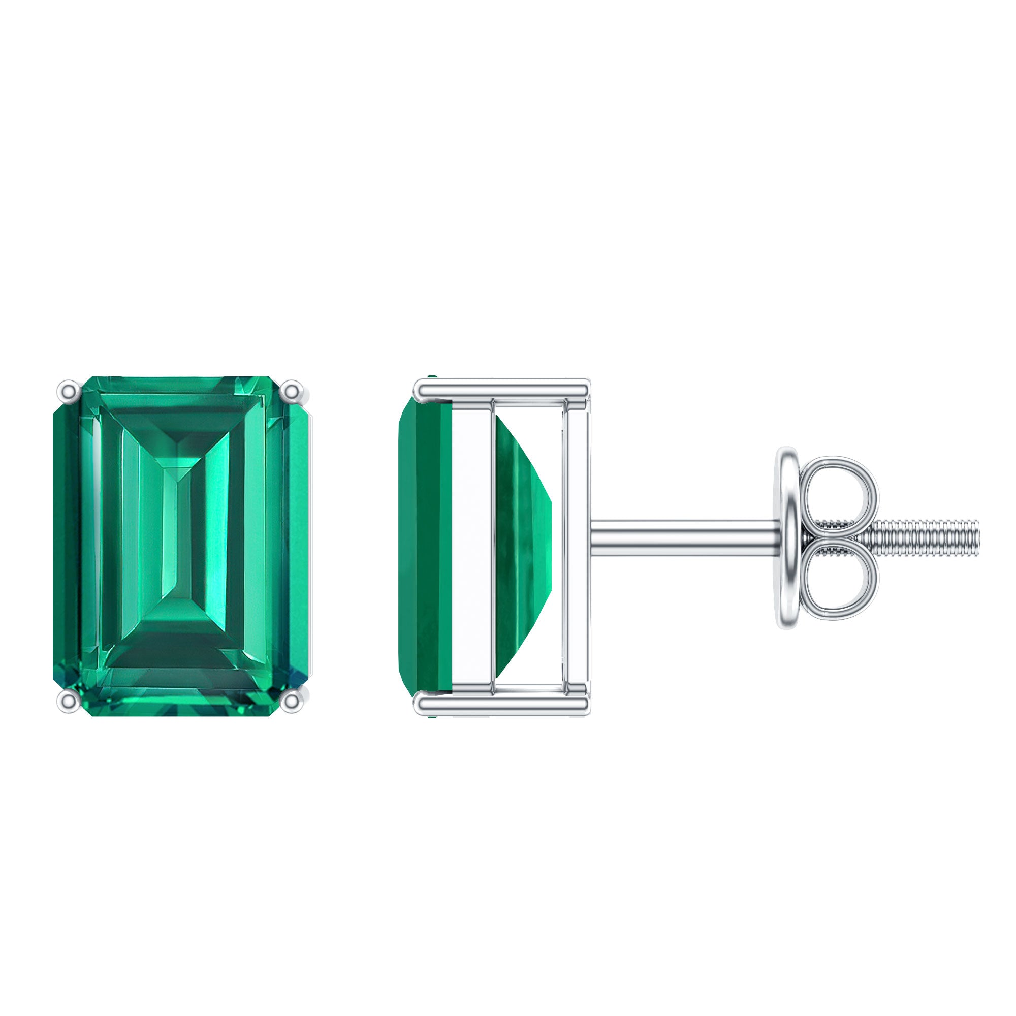 Lab Grown Emerald Earrings – 6x8 mm Emerald Cut Solitaire Studs with Screw Back Closures