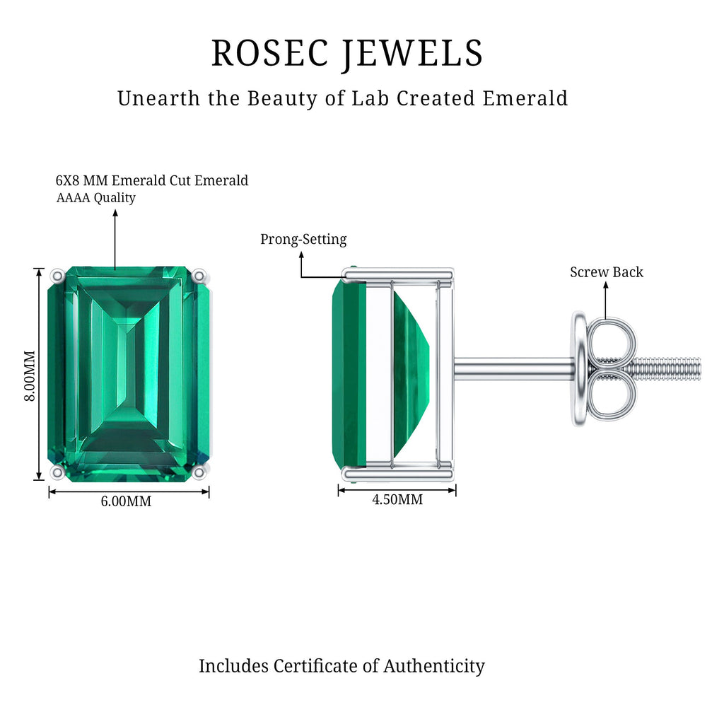 Lab Grown Emerald Earrings – 6x8 mm Emerald Cut Solitaire Studs with Screw Back Closures
