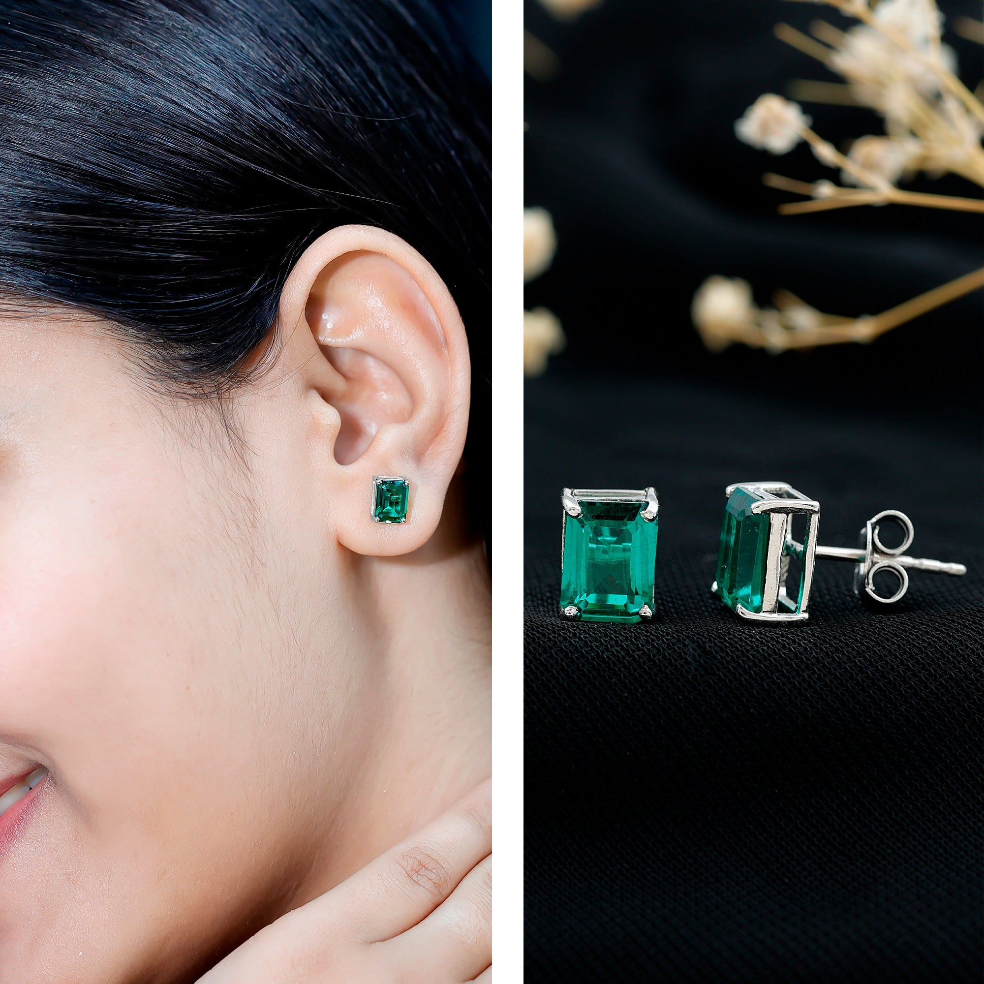 Lab Grown Emerald Earrings – 6x8 mm Emerald Cut Solitaire Studs with Screw Back Closures