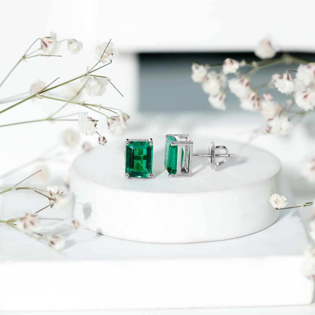 Lab Grown Emerald Earrings – 6x8 mm Emerald Cut Solitaire Studs with Screw Back Closures