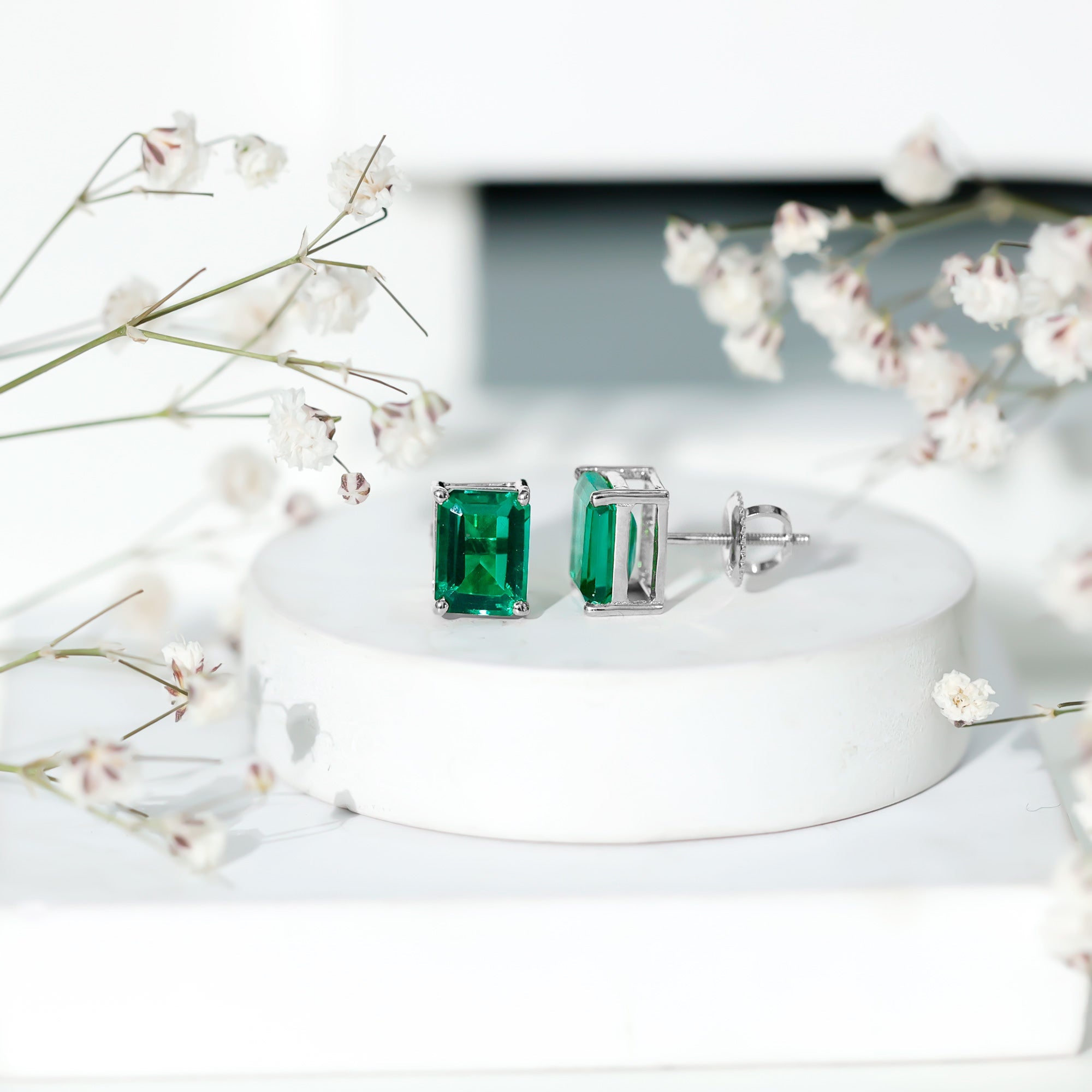 Lab Grown Emerald Earrings – 6x8 mm Emerald Cut Solitaire Studs with Screw Back Closures