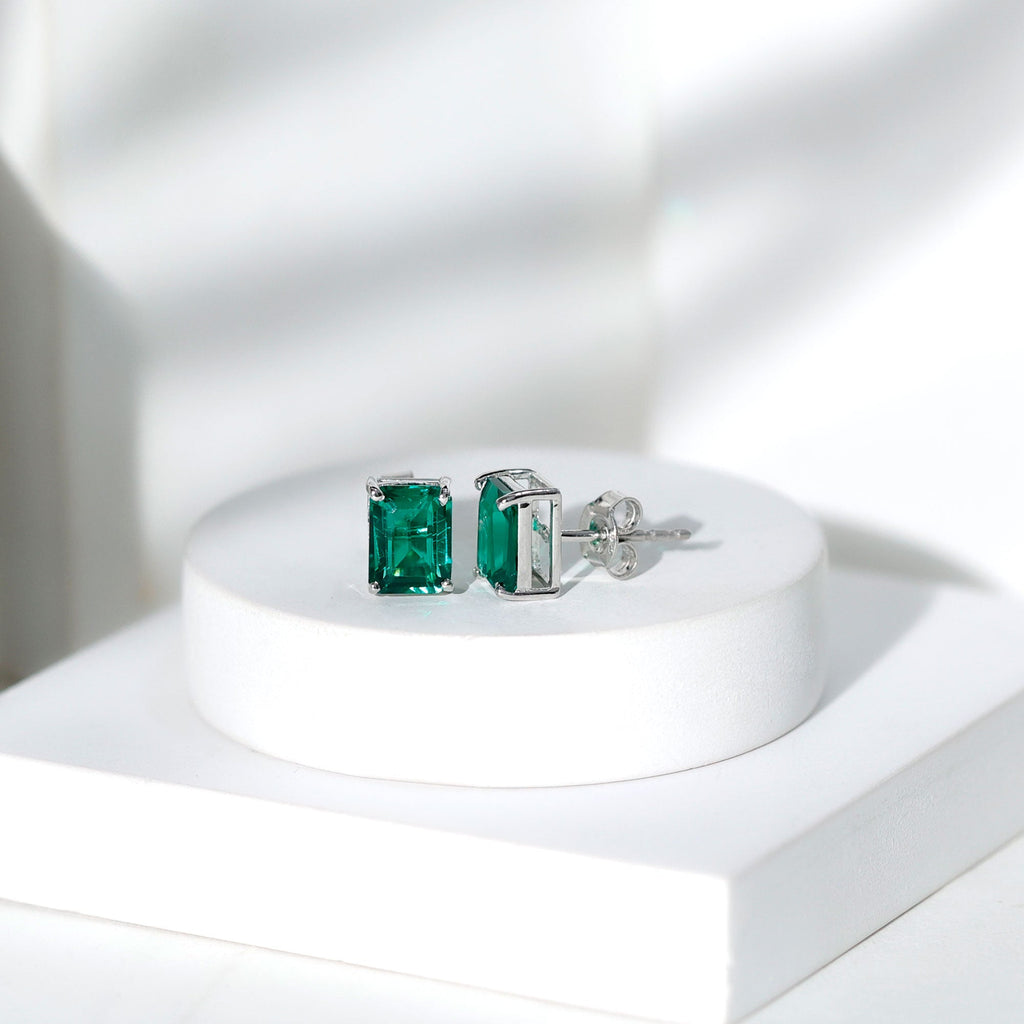 Lab Grown Emerald Earrings – 6x8 mm Emerald Cut Solitaire Studs with Screw Back Closures