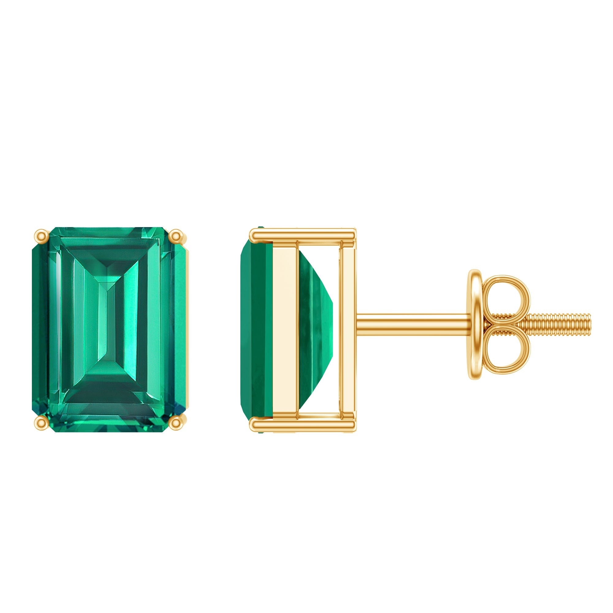 Lab Grown Emerald Earrings – 6x8 mm Emerald Cut Solitaire Studs with Screw Back Closures
