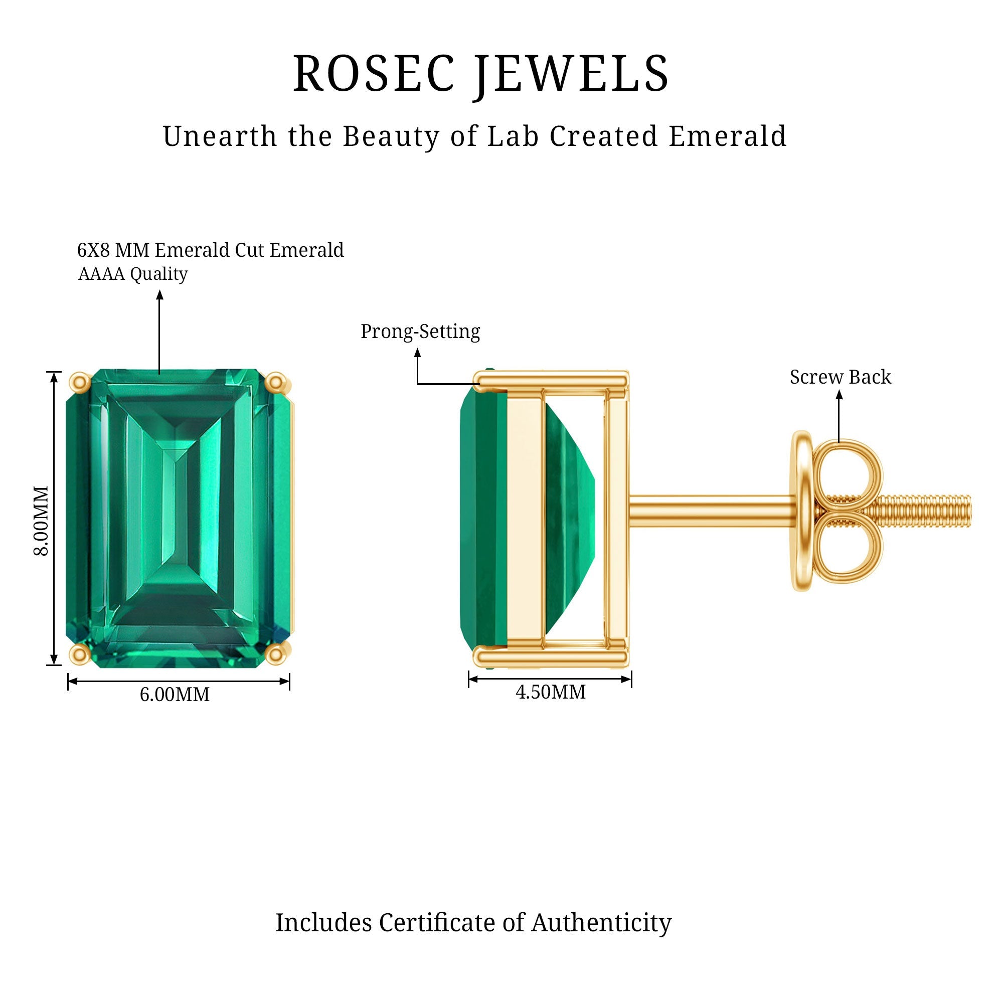 Lab Grown Emerald Earrings – 6x8 mm Emerald Cut Solitaire Studs with Screw Back Closures