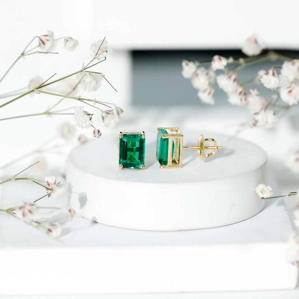 Lab Grown Emerald Earrings – 6x8 mm Emerald Cut Solitaire Studs with Screw Back Closures