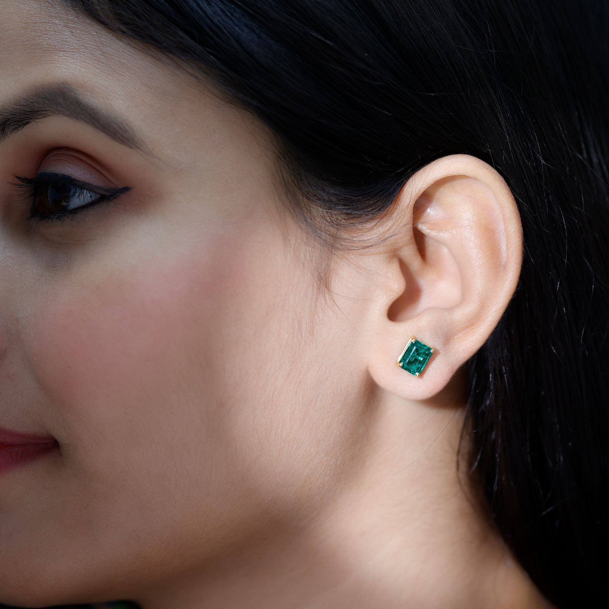 Lab Grown Emerald Earrings – 6x8 mm Emerald Cut Solitaire Studs with Screw Back Closures