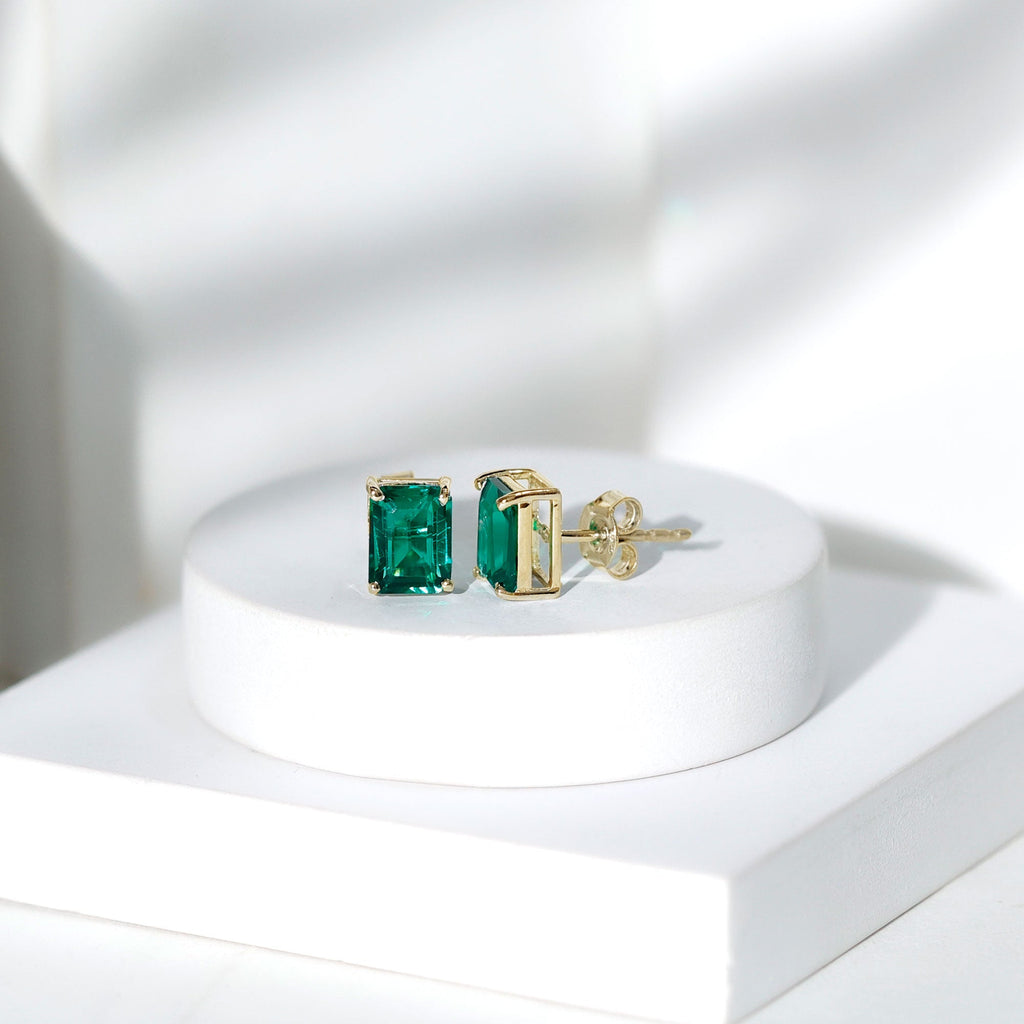 Lab Grown Emerald Earrings – 6x8 mm Emerald Cut Solitaire Studs with Screw Back Closures