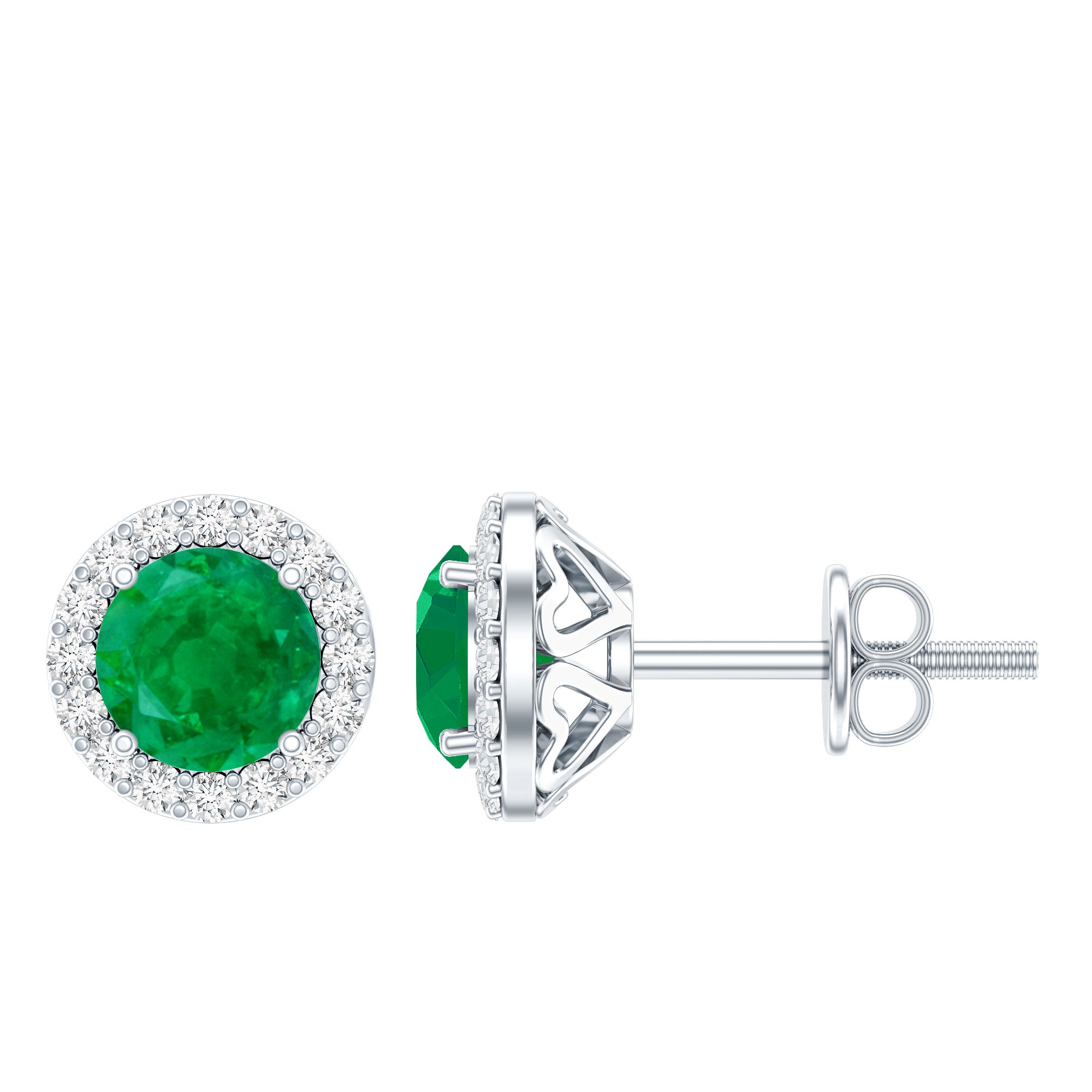 Halo Stud Earrings – Emerald Stud Earrings with Diamond Halo and Secure Screw Back Closure