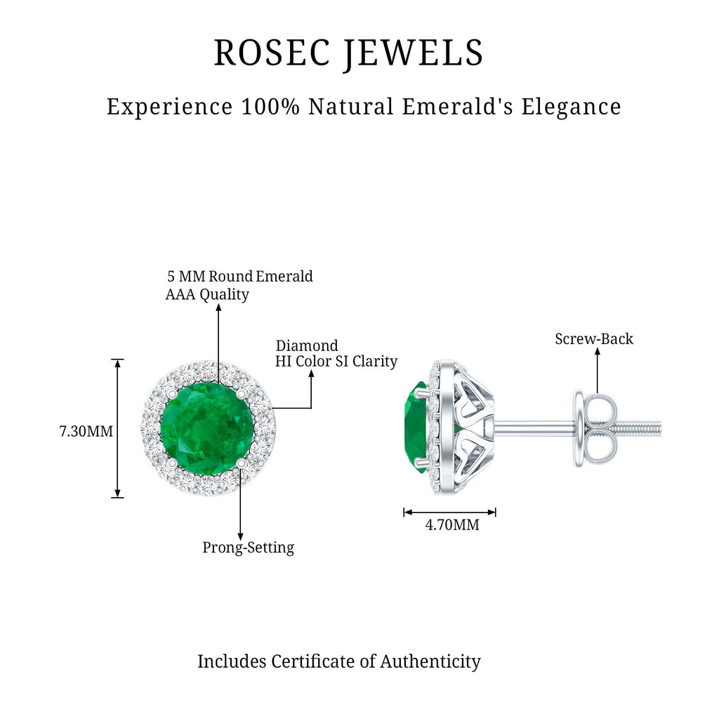 Halo Stud Earrings – Emerald Stud Earrings with Diamond Halo and Secure Screw Back Closure