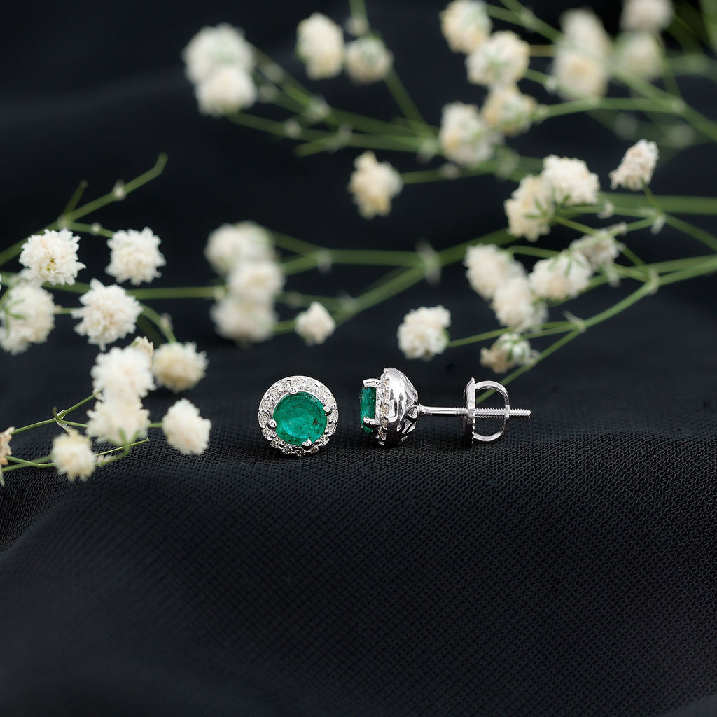 Halo Stud Earrings – Emerald Stud Earrings with Diamond Halo and Secure Screw Back Closure