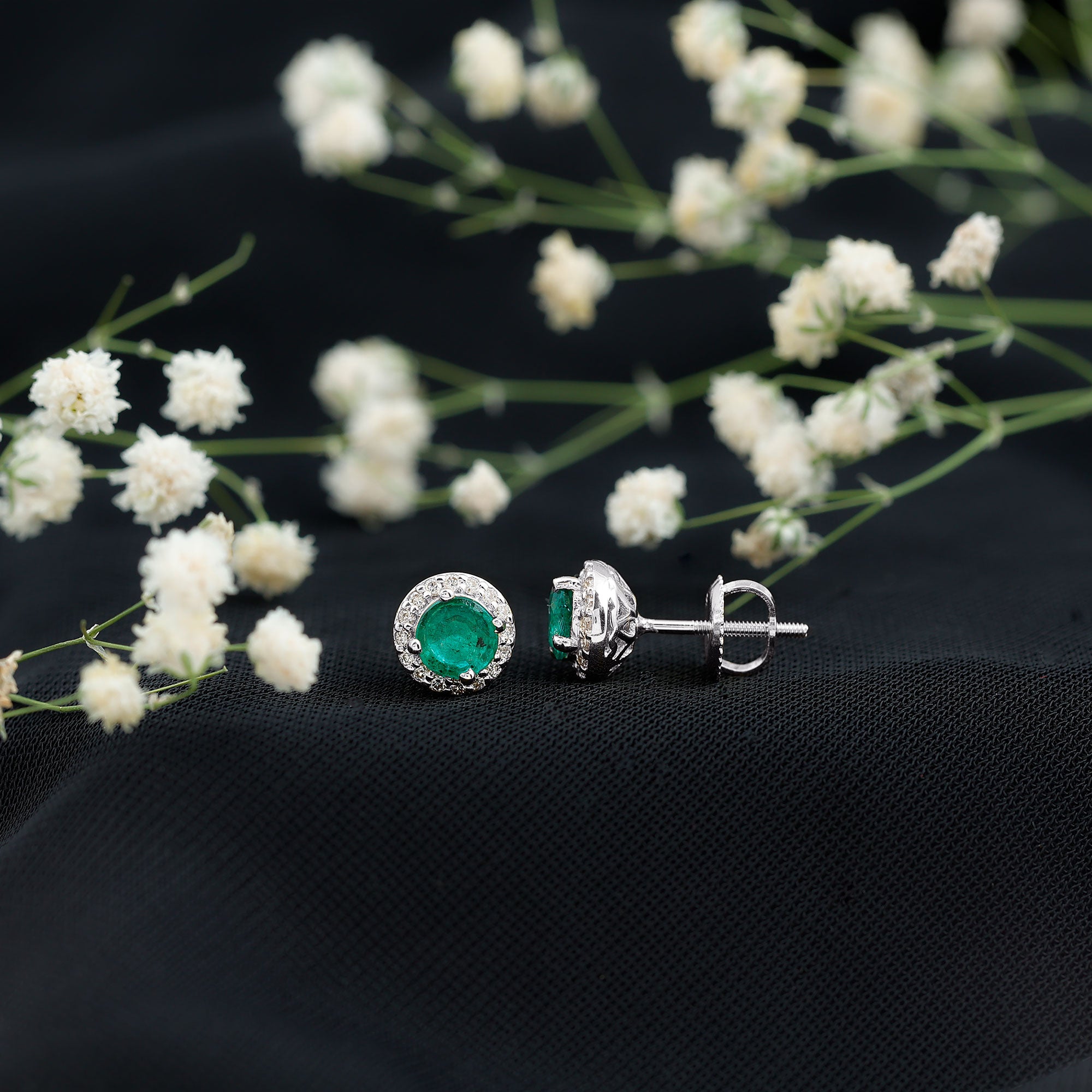 Halo Stud Earrings – Emerald Stud Earrings with Diamond Halo and Secure Screw Back Closure