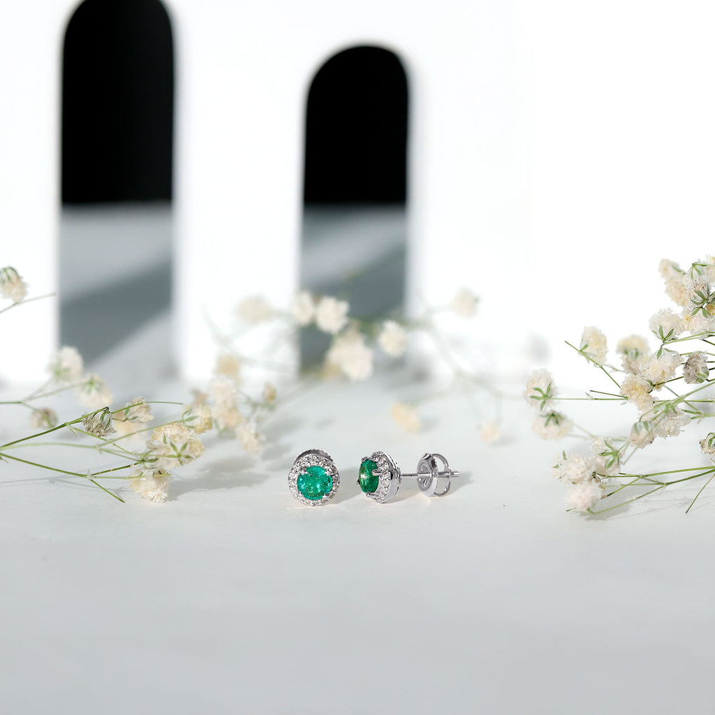 Halo Stud Earrings – Emerald Stud Earrings with Diamond Halo and Secure Screw Back Closure