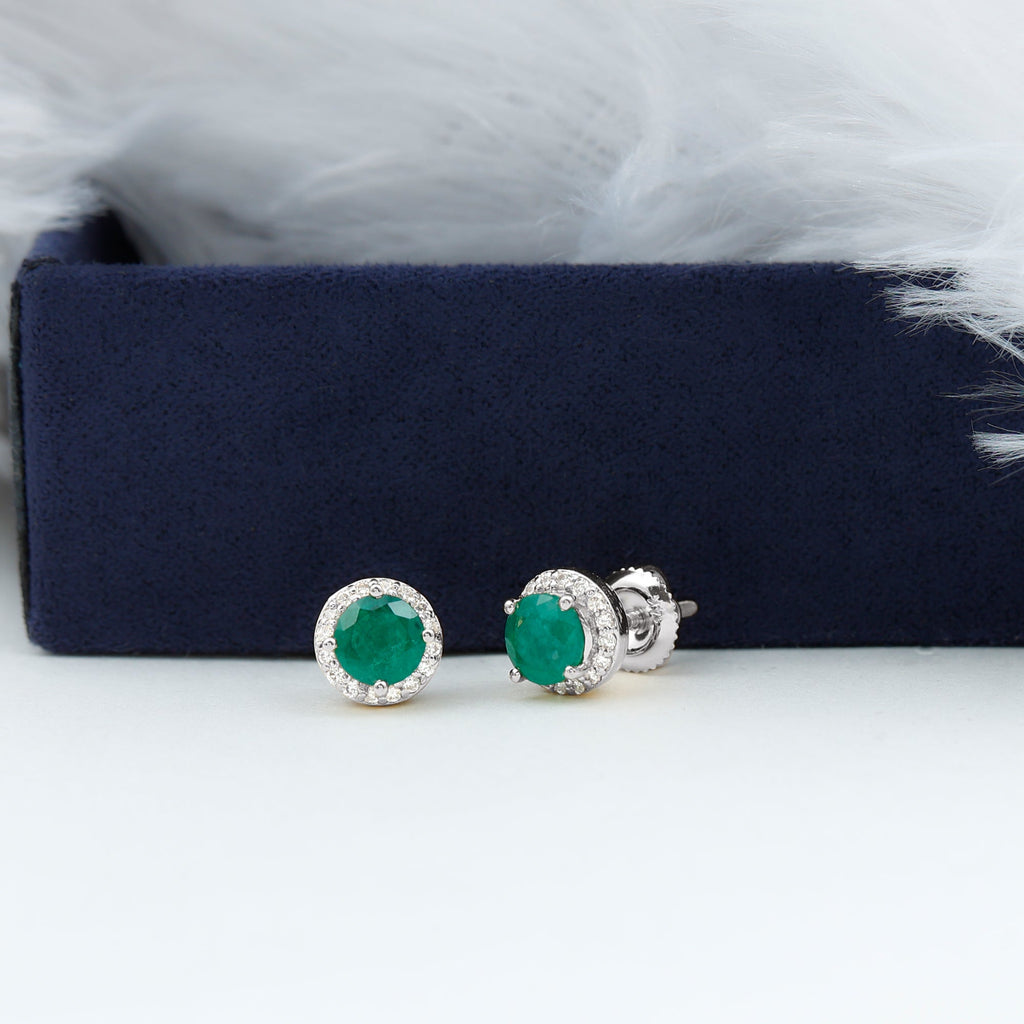 Halo Stud Earrings – Emerald Stud Earrings with Diamond Halo and Secure Screw Back Closure