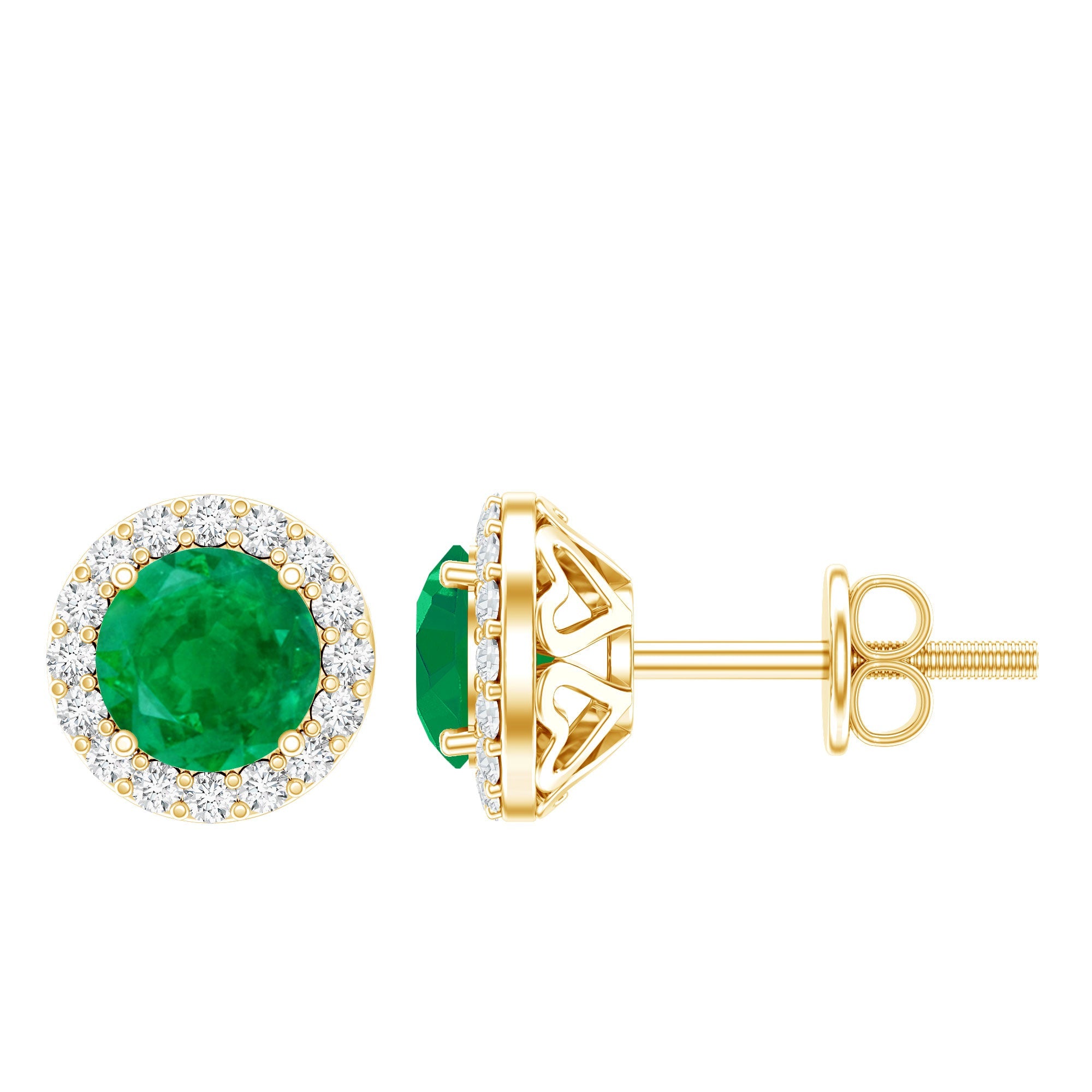 Halo Stud Earrings – Emerald Stud Earrings with Diamond Halo and Secure Screw Back Closure