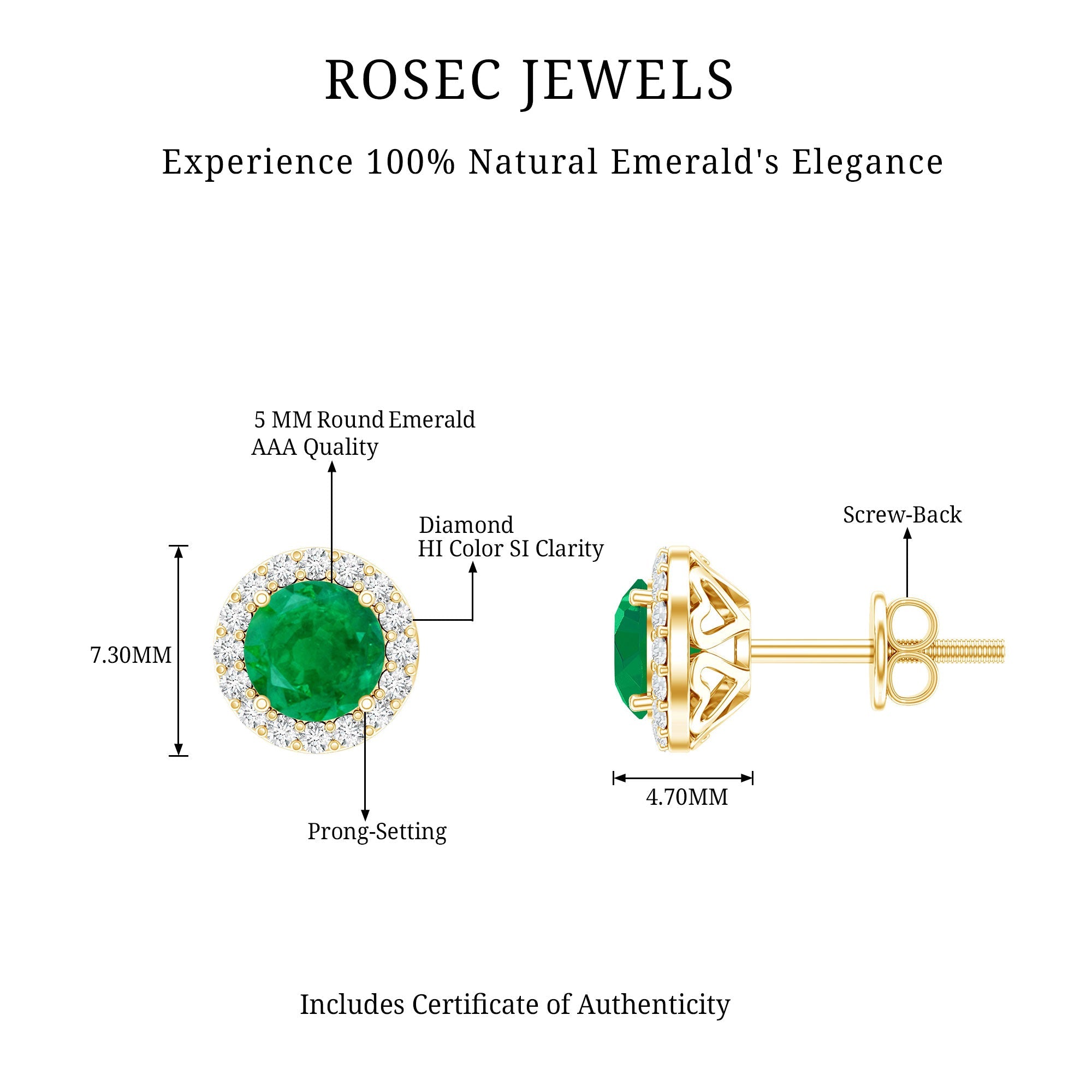 Halo Stud Earrings – Emerald Stud Earrings with Diamond Halo and Secure Screw Back Closure
