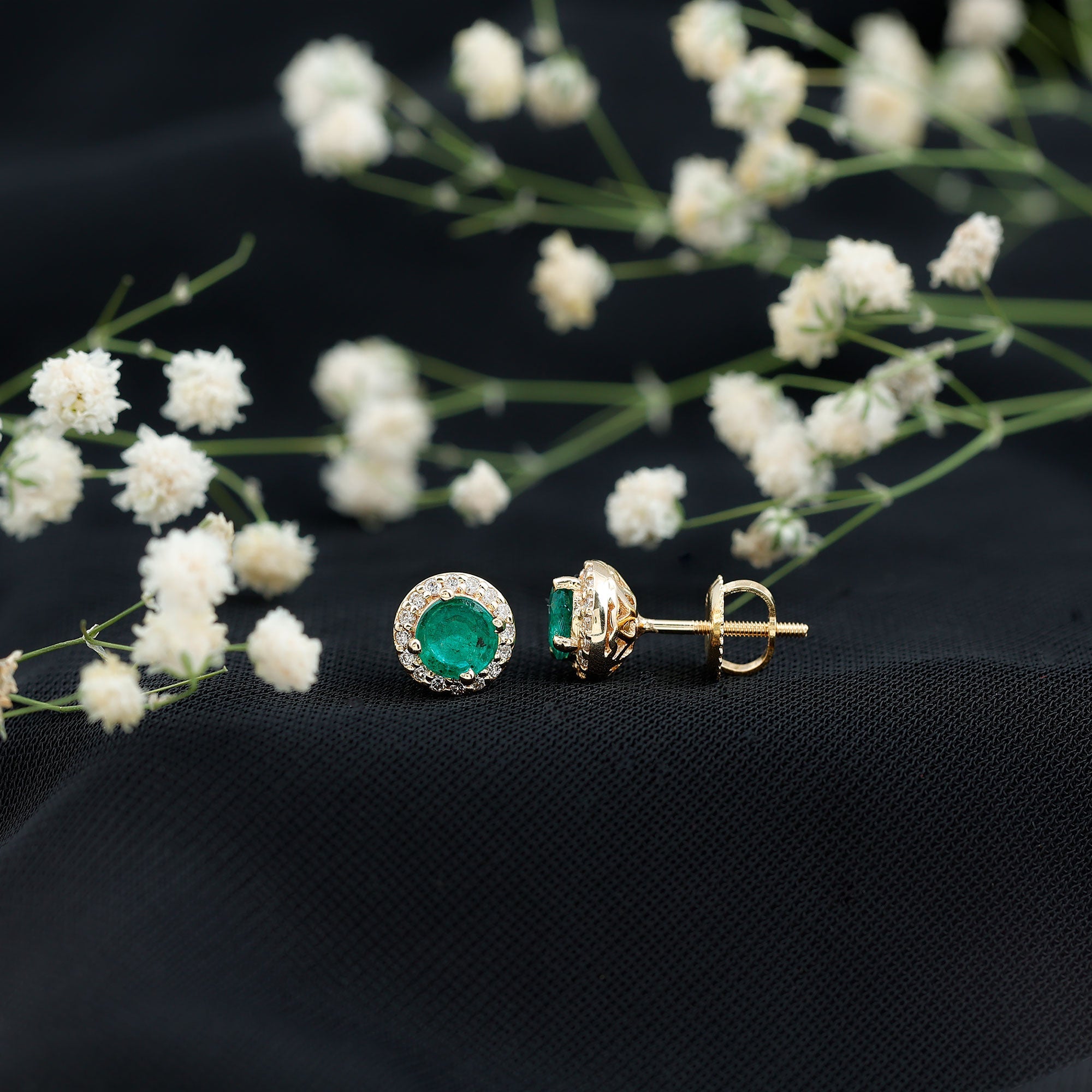 Halo Stud Earrings – Emerald Stud Earrings with Diamond Halo and Secure Screw Back Closure