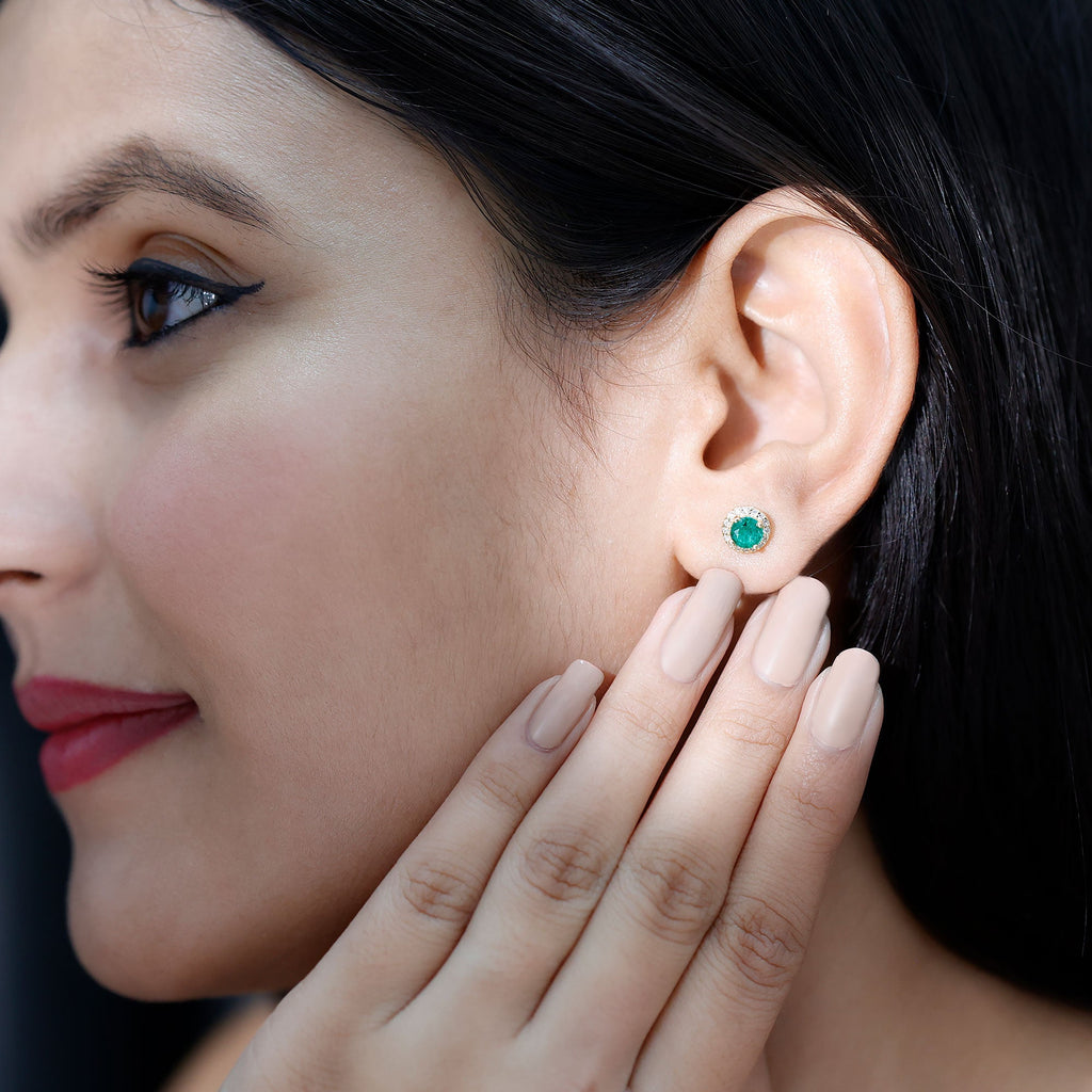 Halo Stud Earrings – Emerald Stud Earrings with Diamond Halo and Secure Screw Back Closure