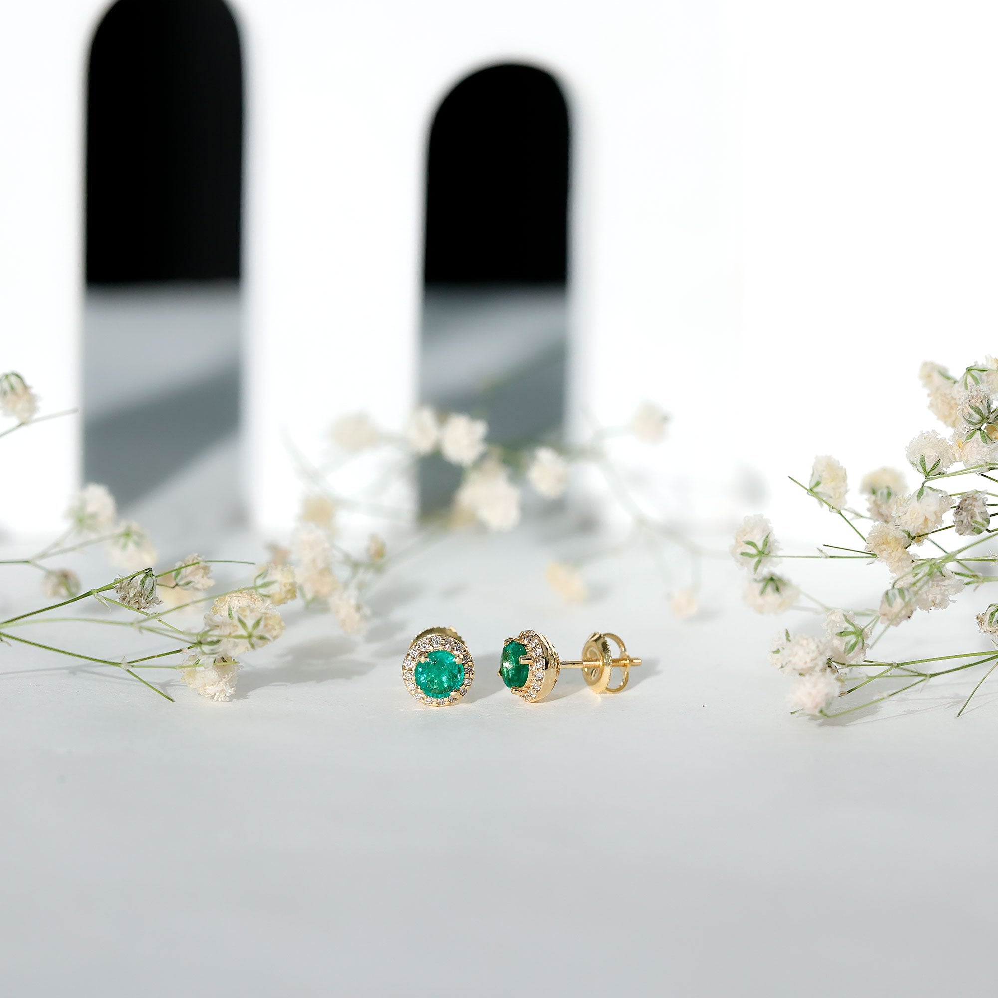 Halo Stud Earrings – Emerald Stud Earrings with Diamond Halo and Secure Screw Back Closure