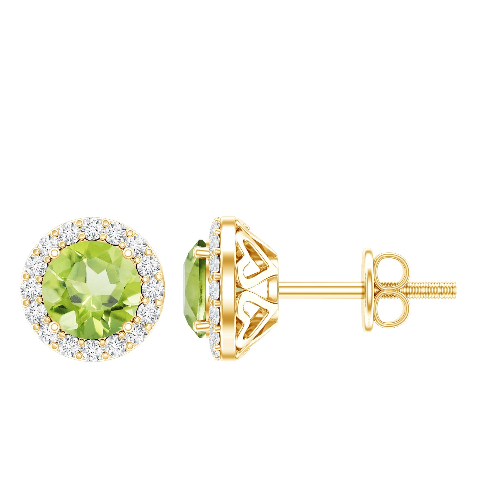 Peridot Stud Earrings – Diamond Halo Screw Back | Elegant Green Gemstone Jewelry