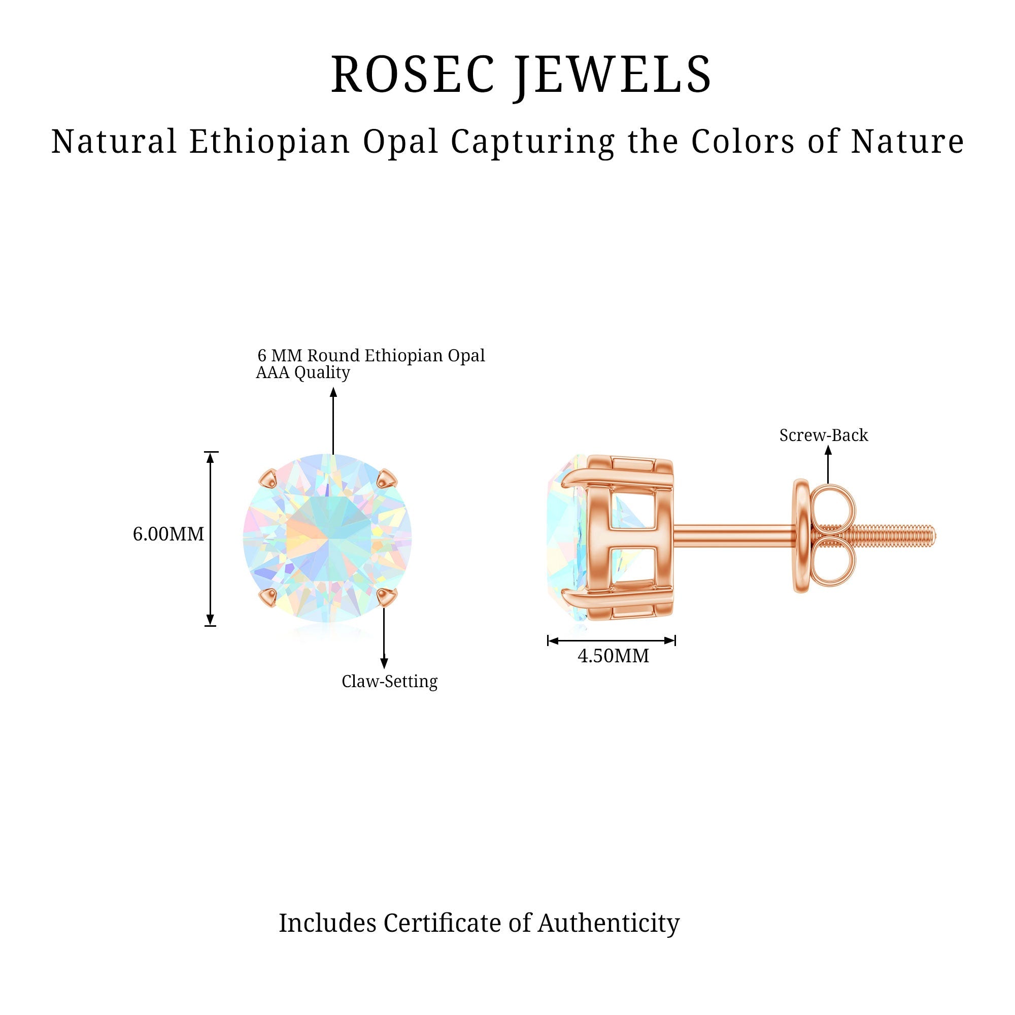 Ethiopian Opal Earrings – 6mm Round Solitaire Studs | October Birthstone Gift