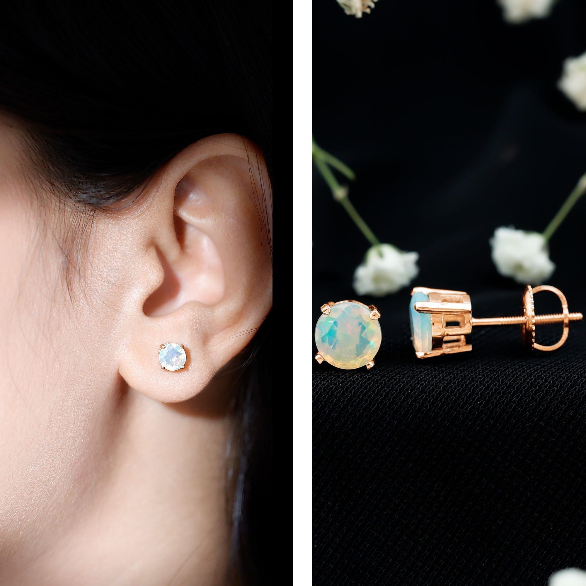 Ethiopian Opal Earrings – 6mm Round Solitaire Studs | October Birthstone Gift