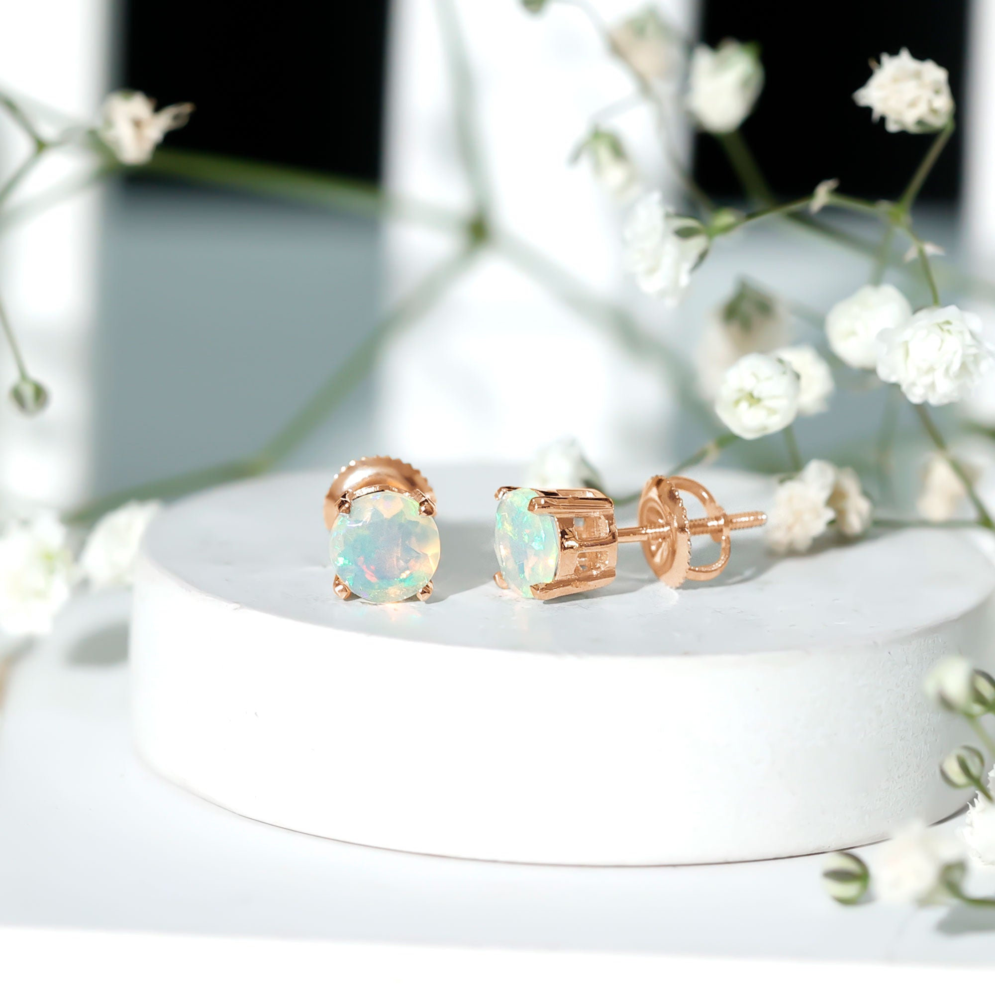 Ethiopian Opal Earrings – 6mm Round Solitaire Studs | October Birthstone Gift