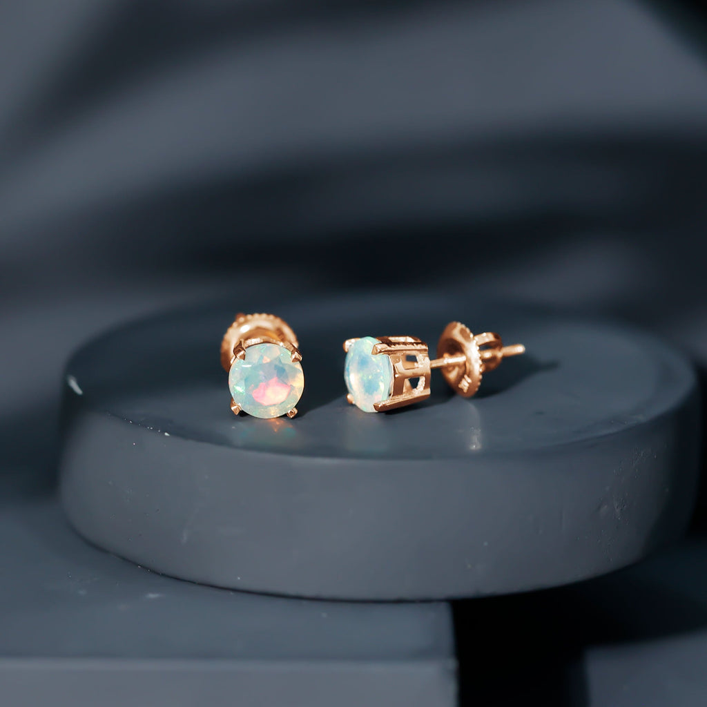 Ethiopian Opal Earrings – 6mm Round Solitaire Studs | October Birthstone Gift