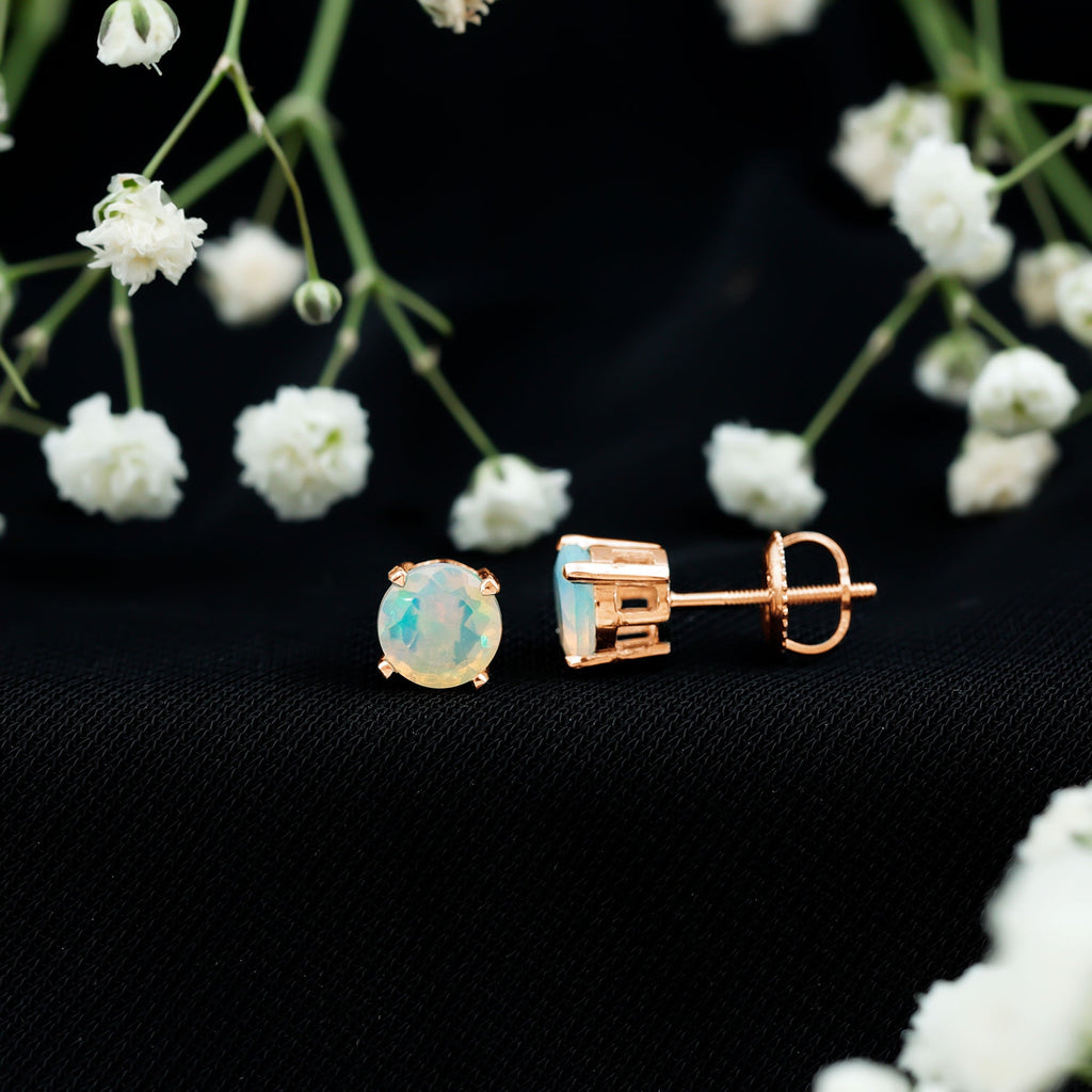 Ethiopian Opal Earrings – 6mm Round Solitaire Studs | October Birthstone Gift
