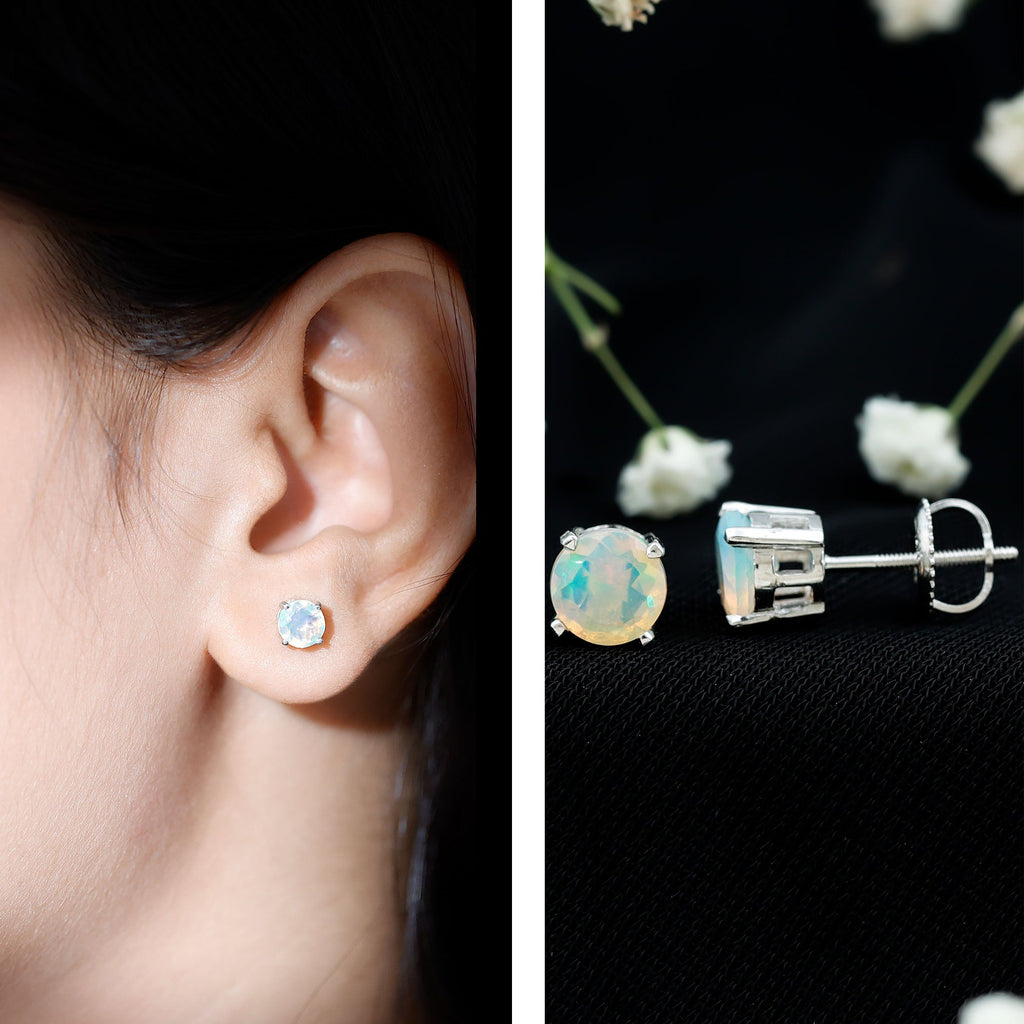 Ethiopian Opal Earrings – 6mm Round Solitaire Studs | October Birthstone Gift