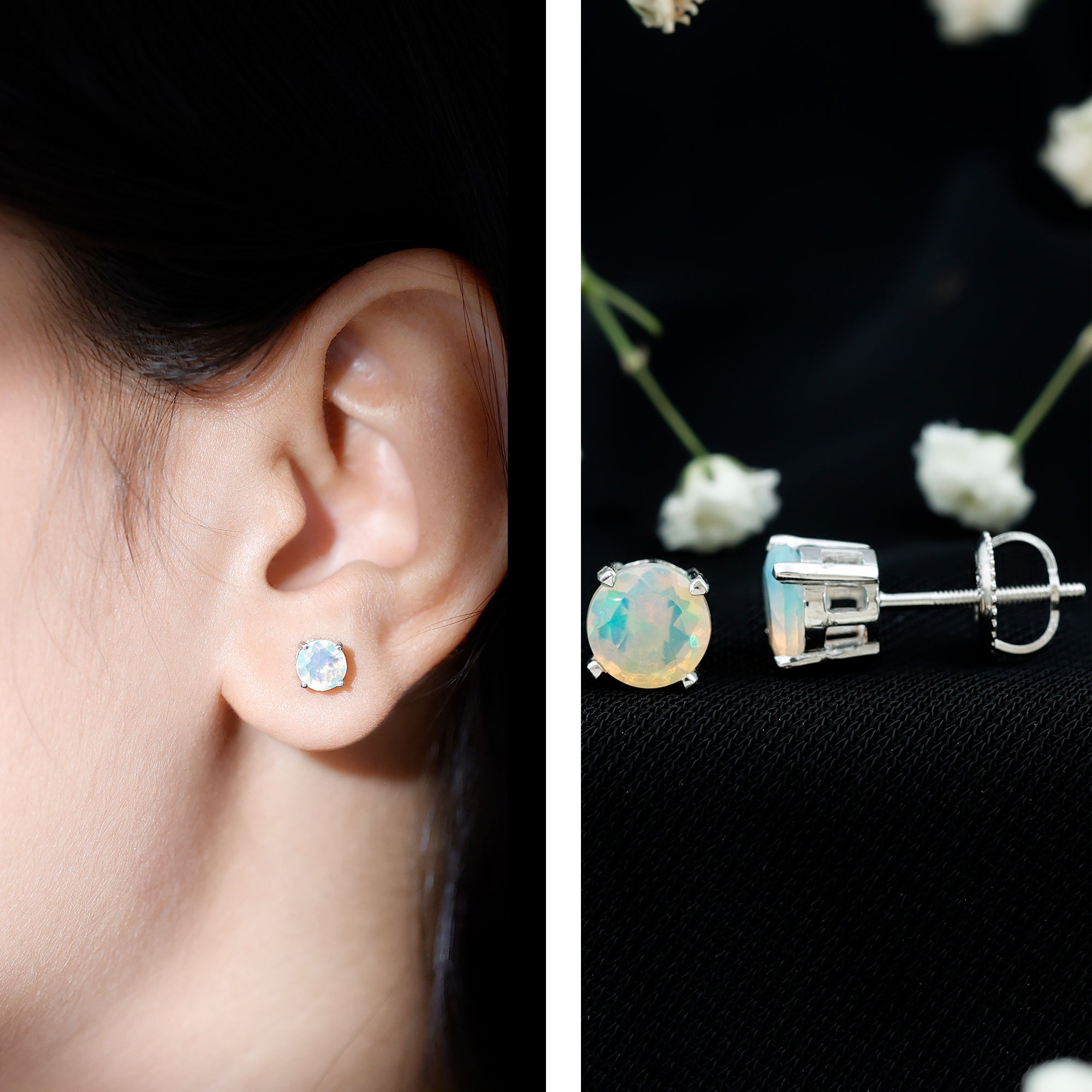 Ethiopian Opal Earrings – 6mm Round Solitaire Studs | October Birthstone Gift