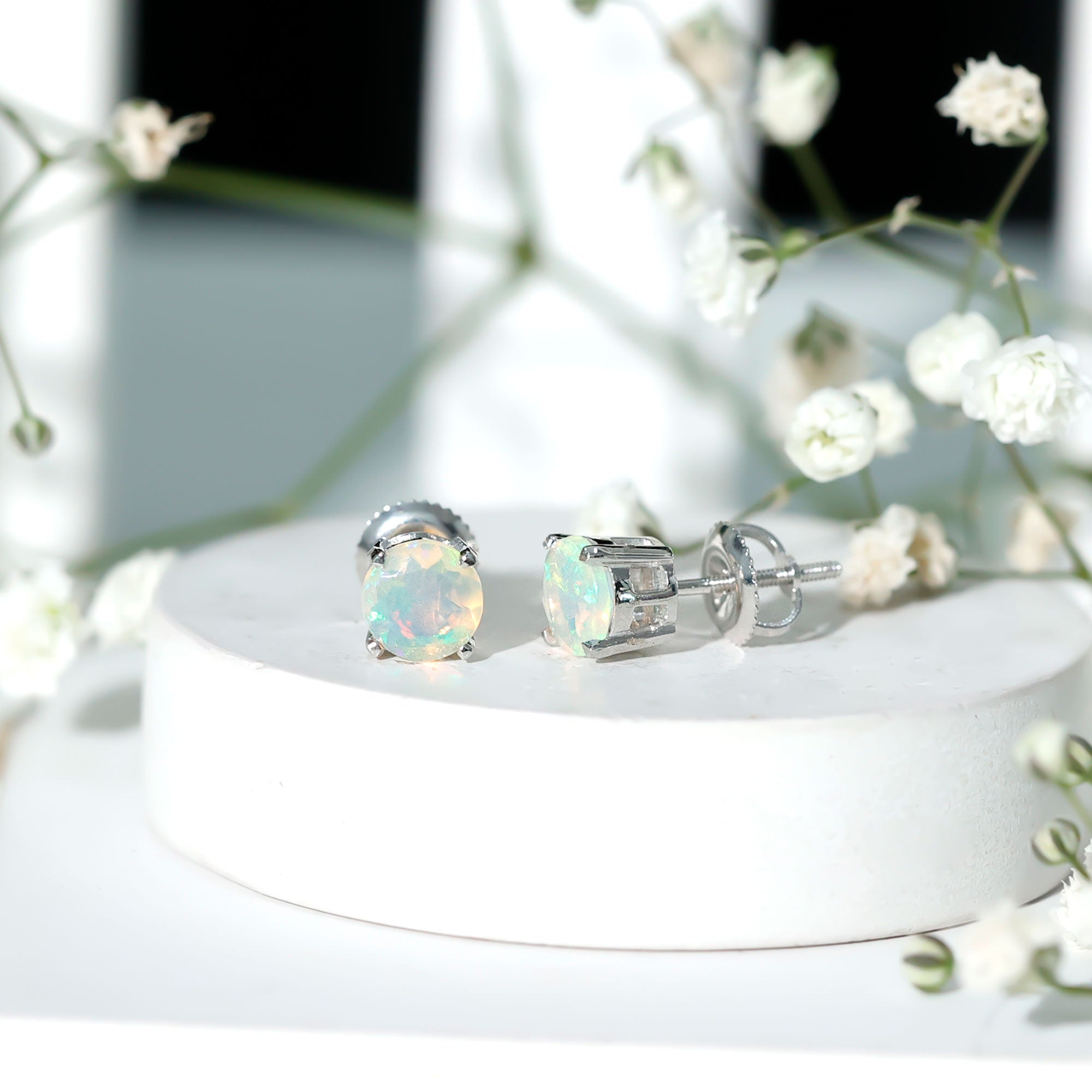 Ethiopian Opal Earrings – 6mm Round Solitaire Studs | October Birthstone Gift