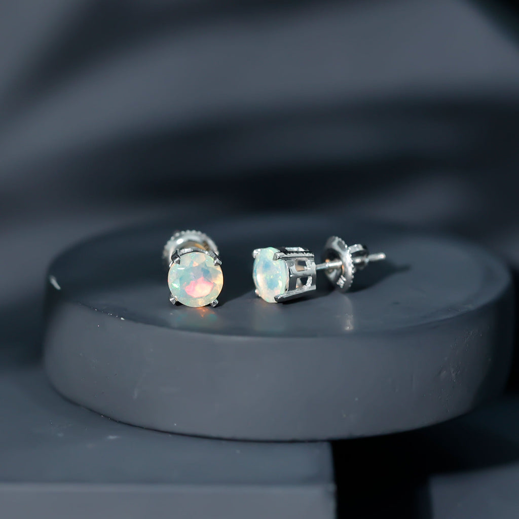 Ethiopian Opal Earrings – 6mm Round Solitaire Studs | October Birthstone Gift