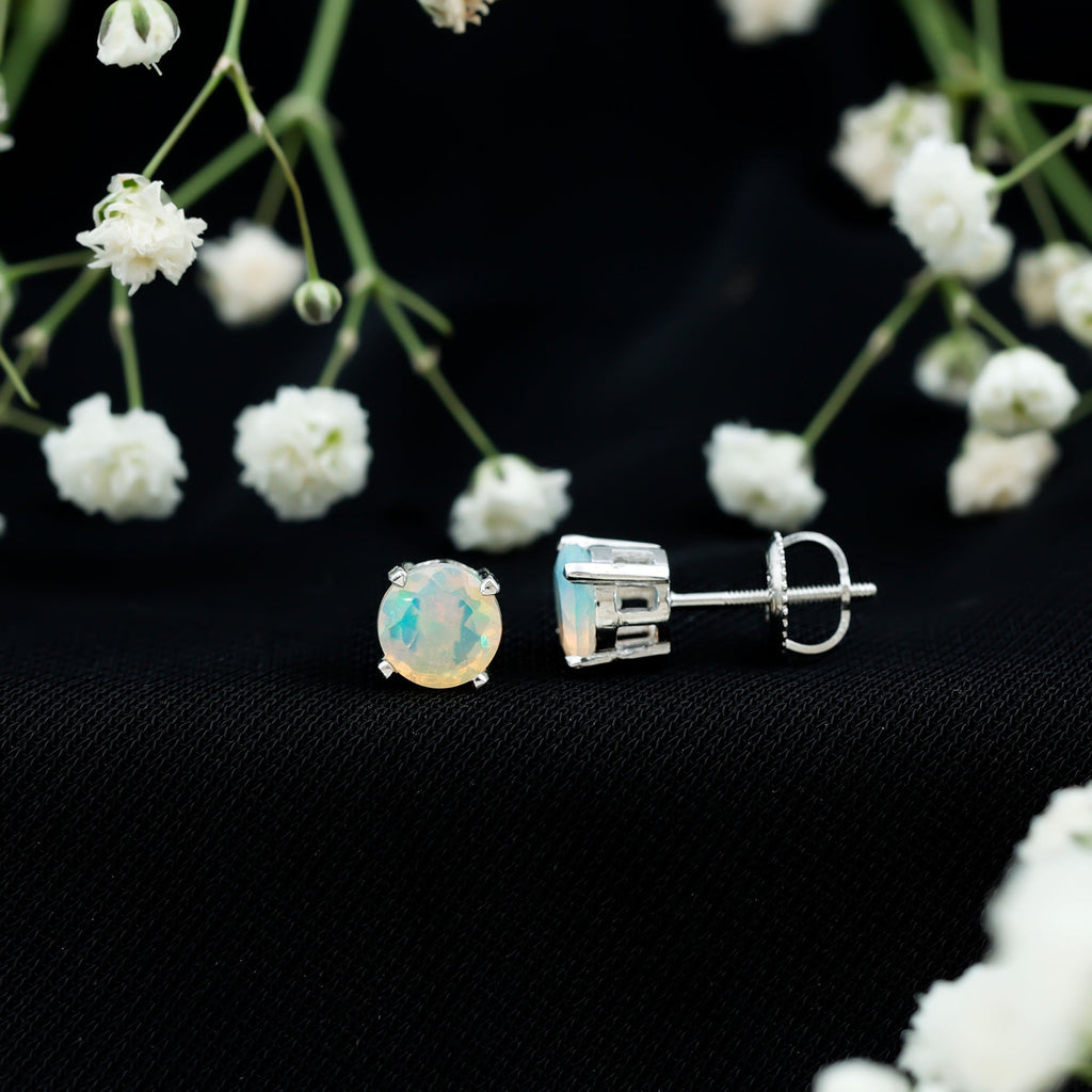 Ethiopian Opal Earrings – 6mm Round Solitaire Studs | October Birthstone Gift