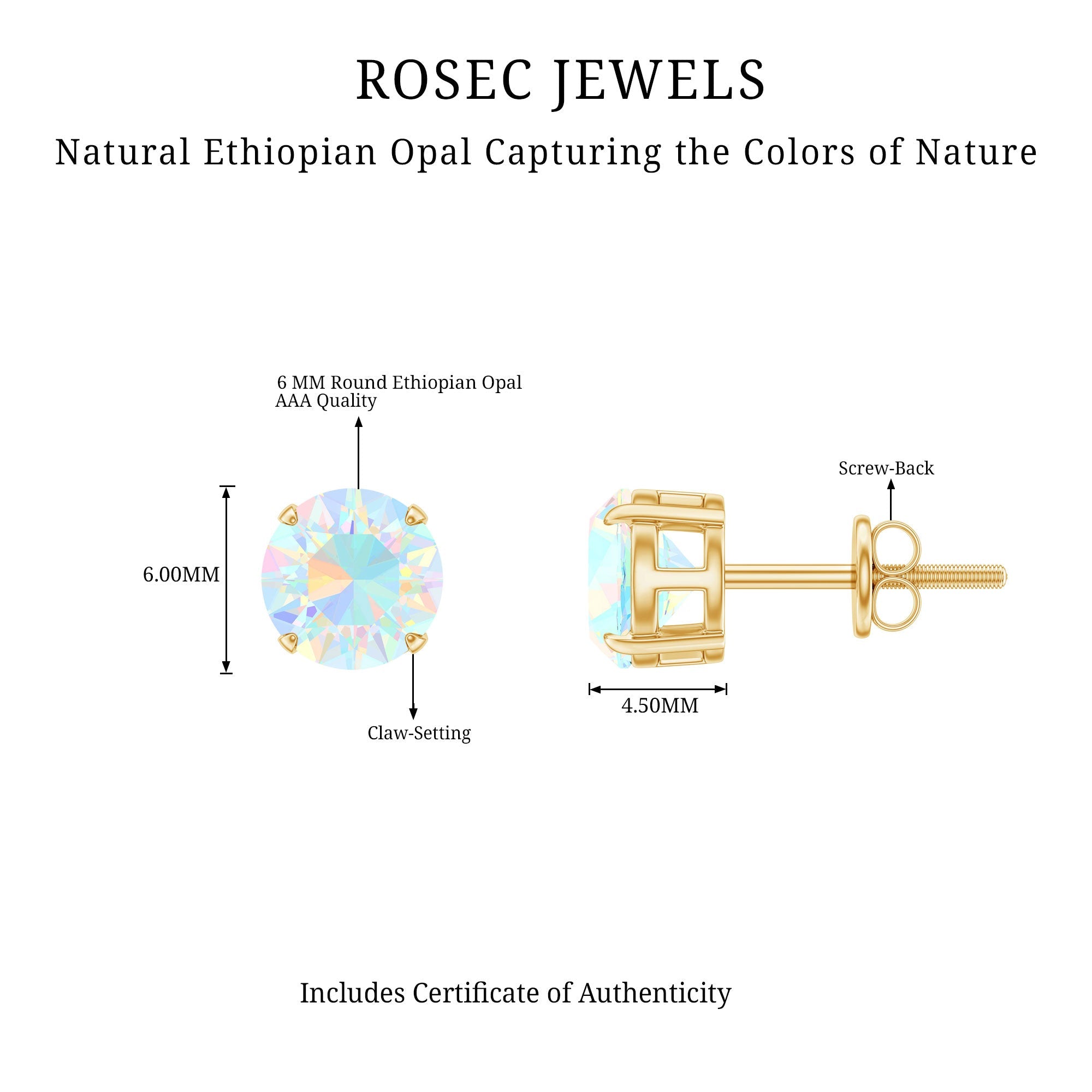 Ethiopian Opal Earrings – 6mm Round Solitaire Studs | October Birthstone Gift