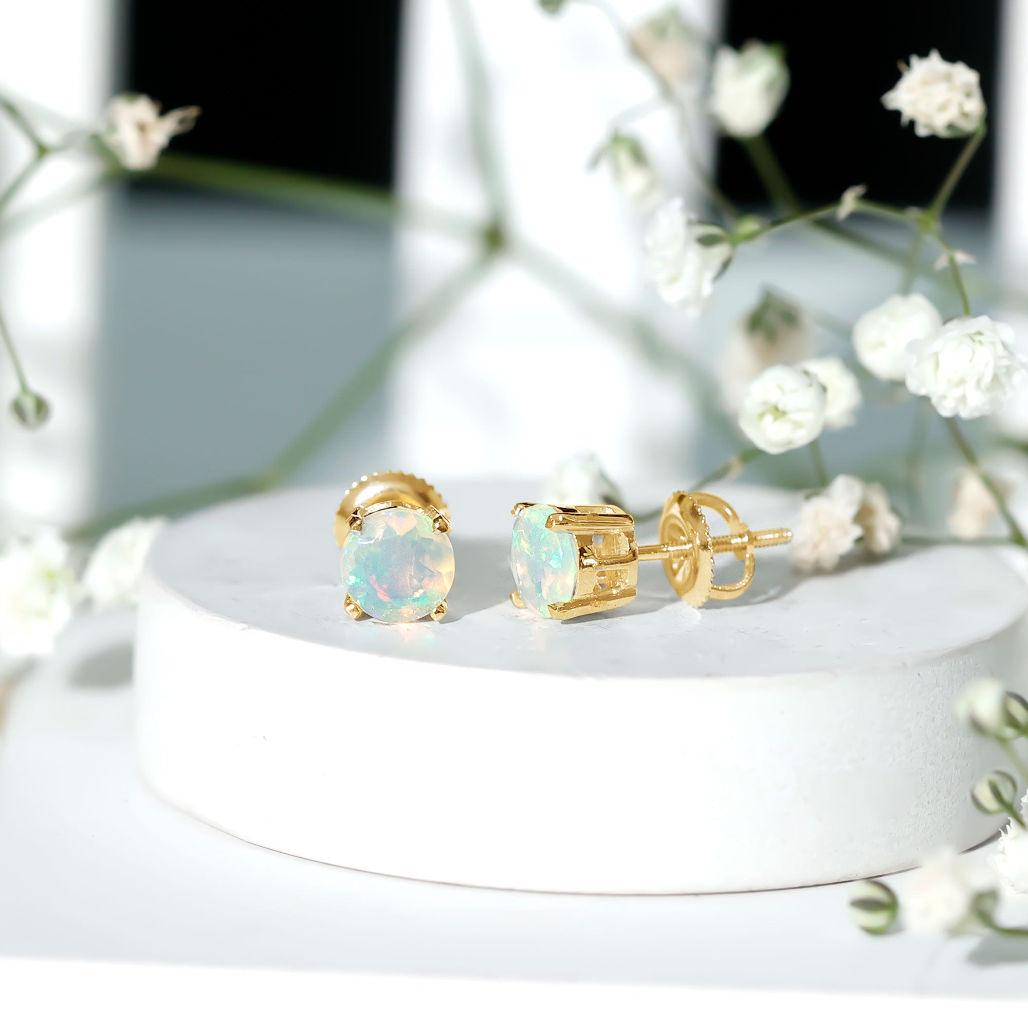 Ethiopian Opal Earrings – 6mm Round Solitaire Studs | October Birthstone Gift