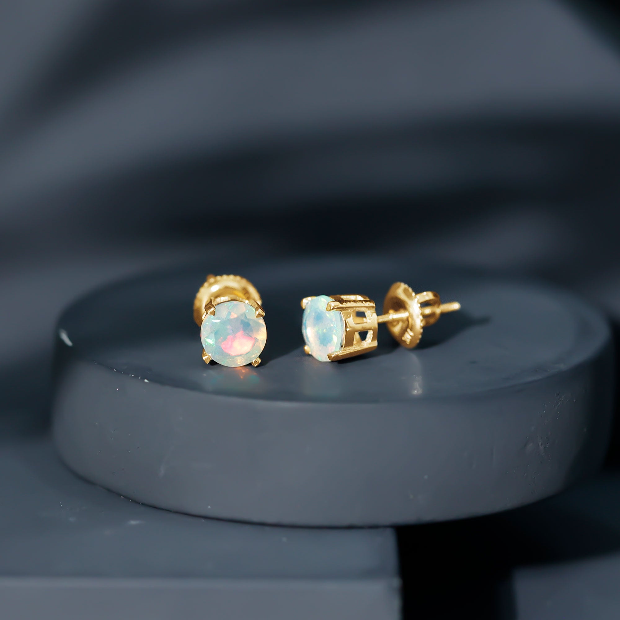 Ethiopian Opal Earrings – 6mm Round Solitaire Studs | October Birthstone Gift