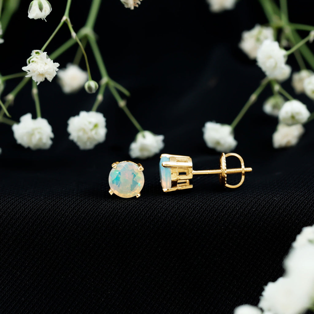 Ethiopian Opal Earrings – 6mm Round Solitaire Studs | October Birthstone Gift