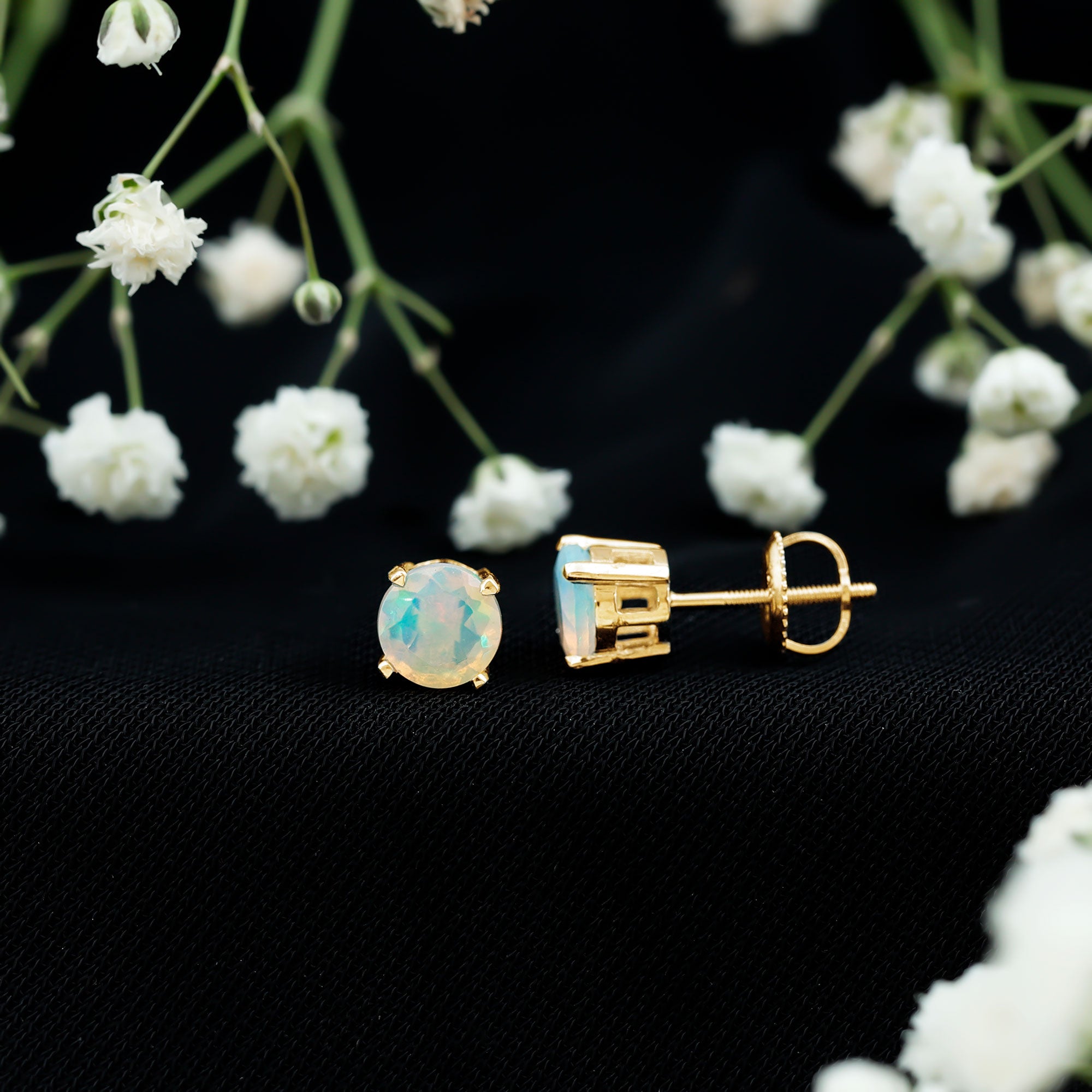 Ethiopian Opal Earrings – 6mm Round Solitaire Studs | October Birthstone Gift