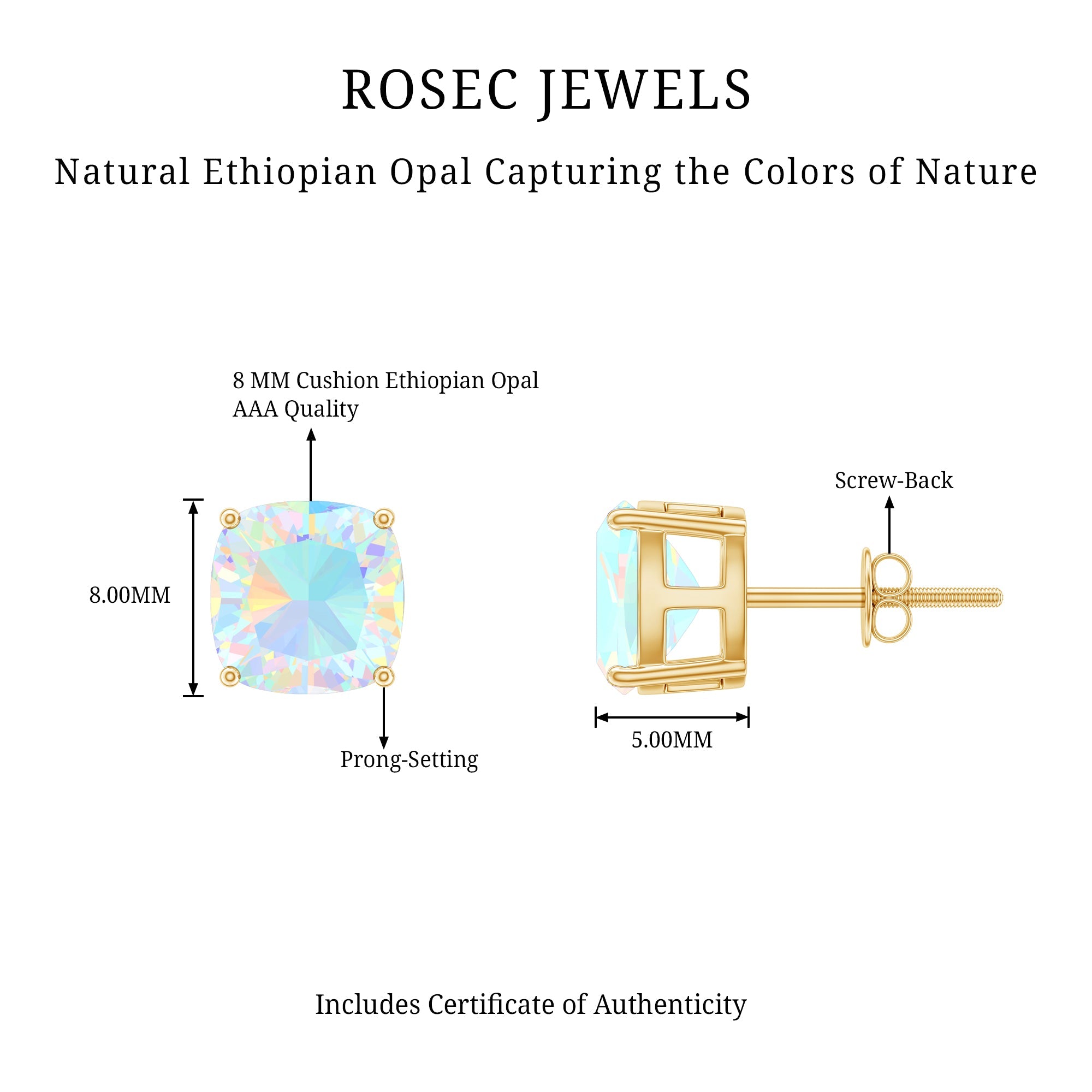 3.7 Carat Cushion Cut Ethiopian Opal Solitaire Stud Earrings