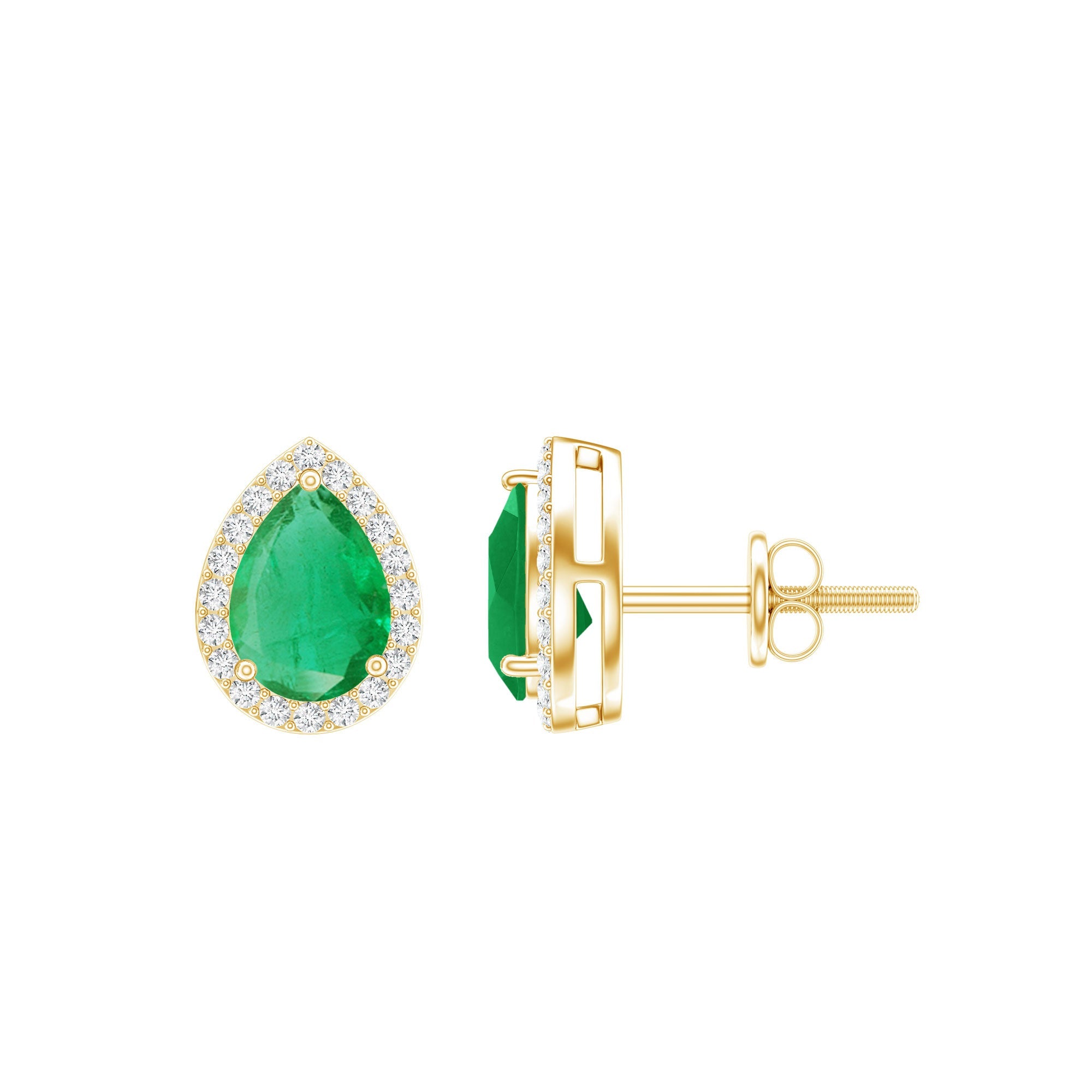 Emerald Stud Earrings – Pear Shape Diamond Halo Studs | Natural Green Gemstone Jewelry