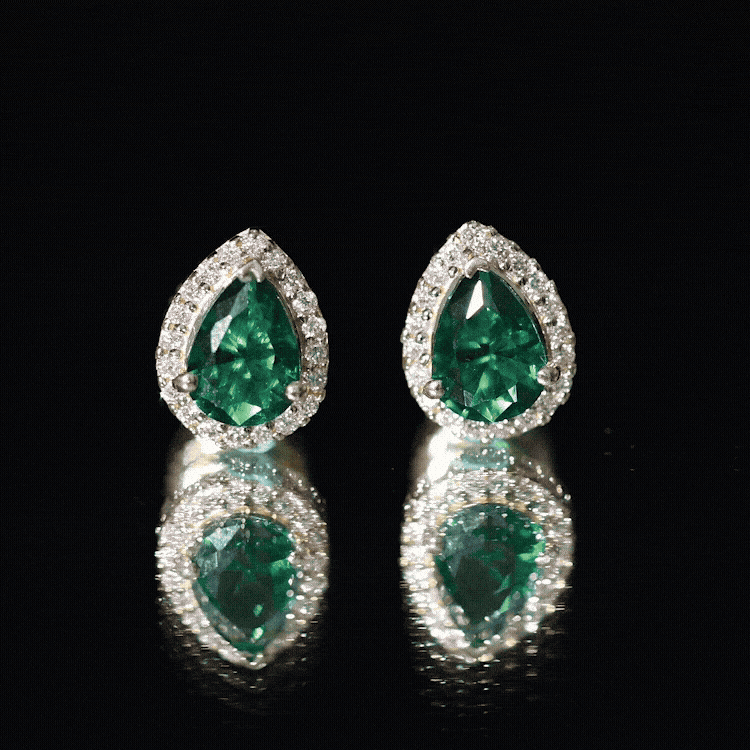 Lab Created Emerald Earrings – Teardrop Stud with Diamond Halo Design