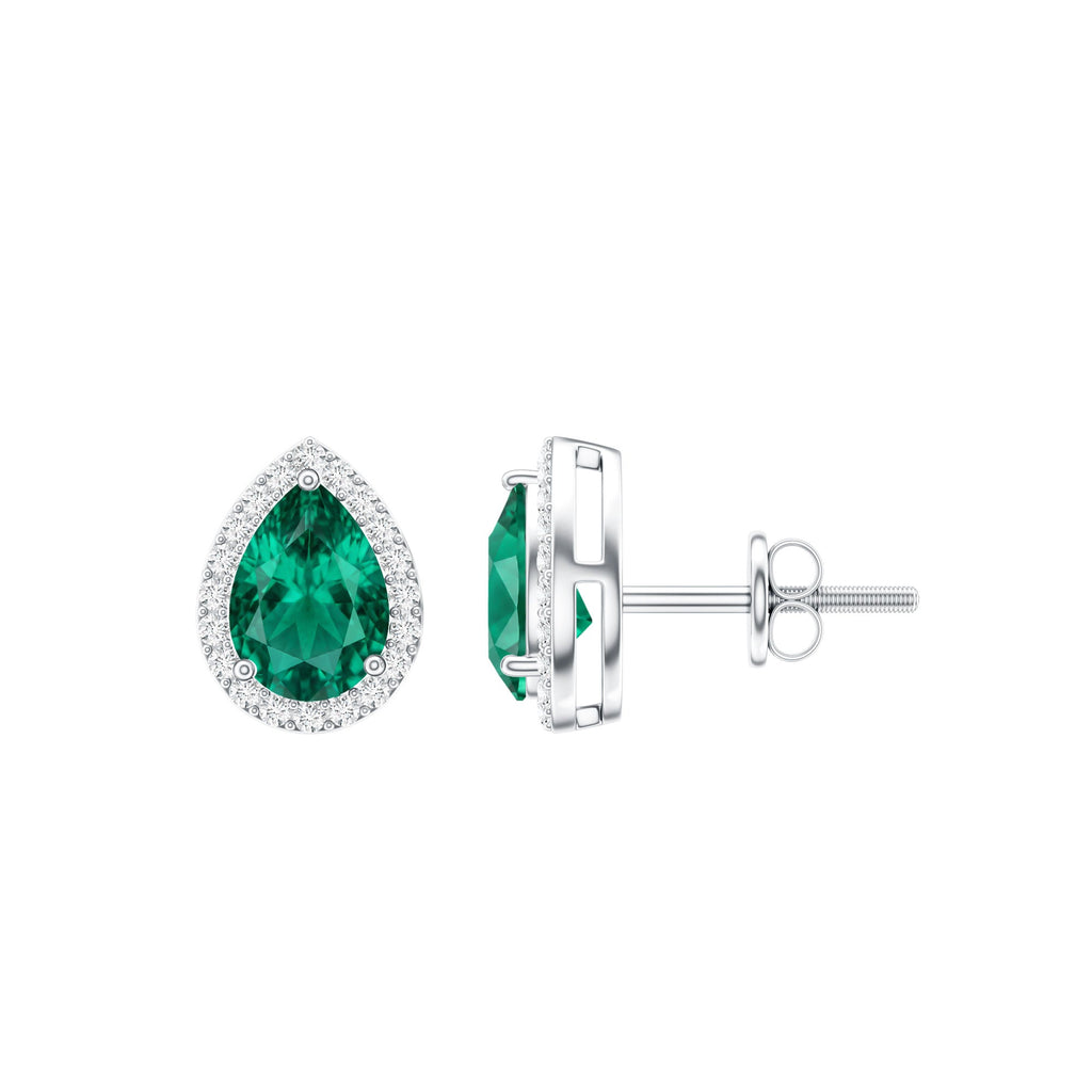 Lab Created Emerald Earrings – Teardrop Stud with Diamond Halo Design