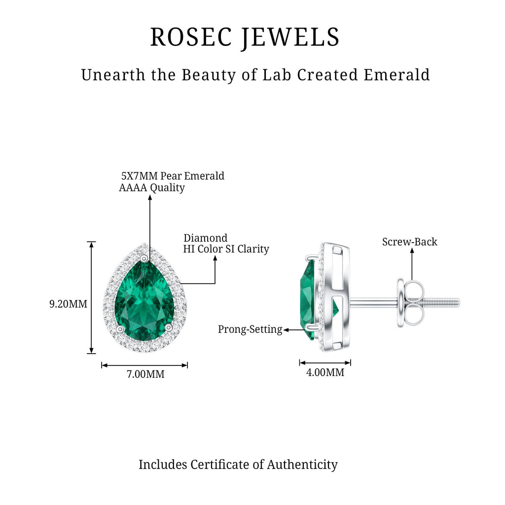 Lab Created Emerald Earrings – Teardrop Stud with Diamond Halo Design