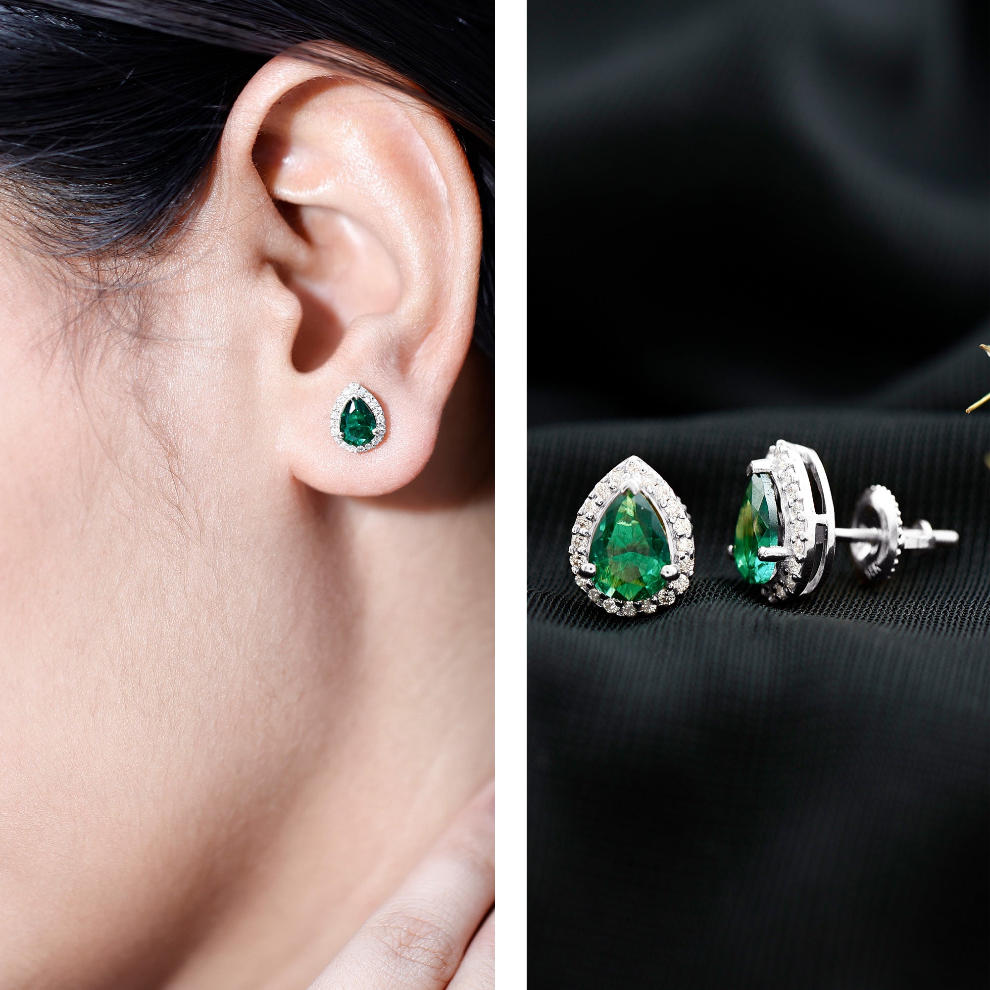 Lab Created Emerald Earrings – Teardrop Stud with Diamond Halo Design